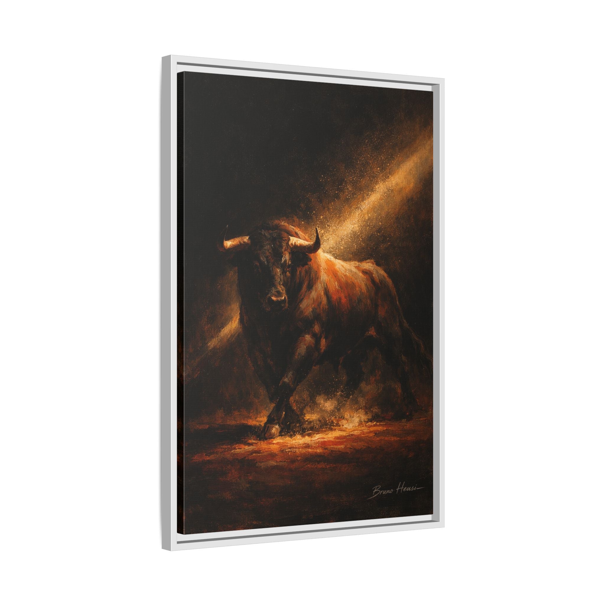 Framed Matte Canvas Art - Dramatic Charging Bull Painting
