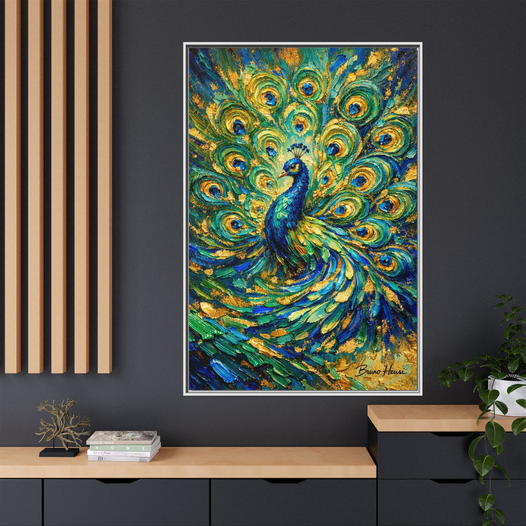 Peacock Oil-Style Framed Canvas Wall Art — Vibrant Blue & Gold Peacock Painting