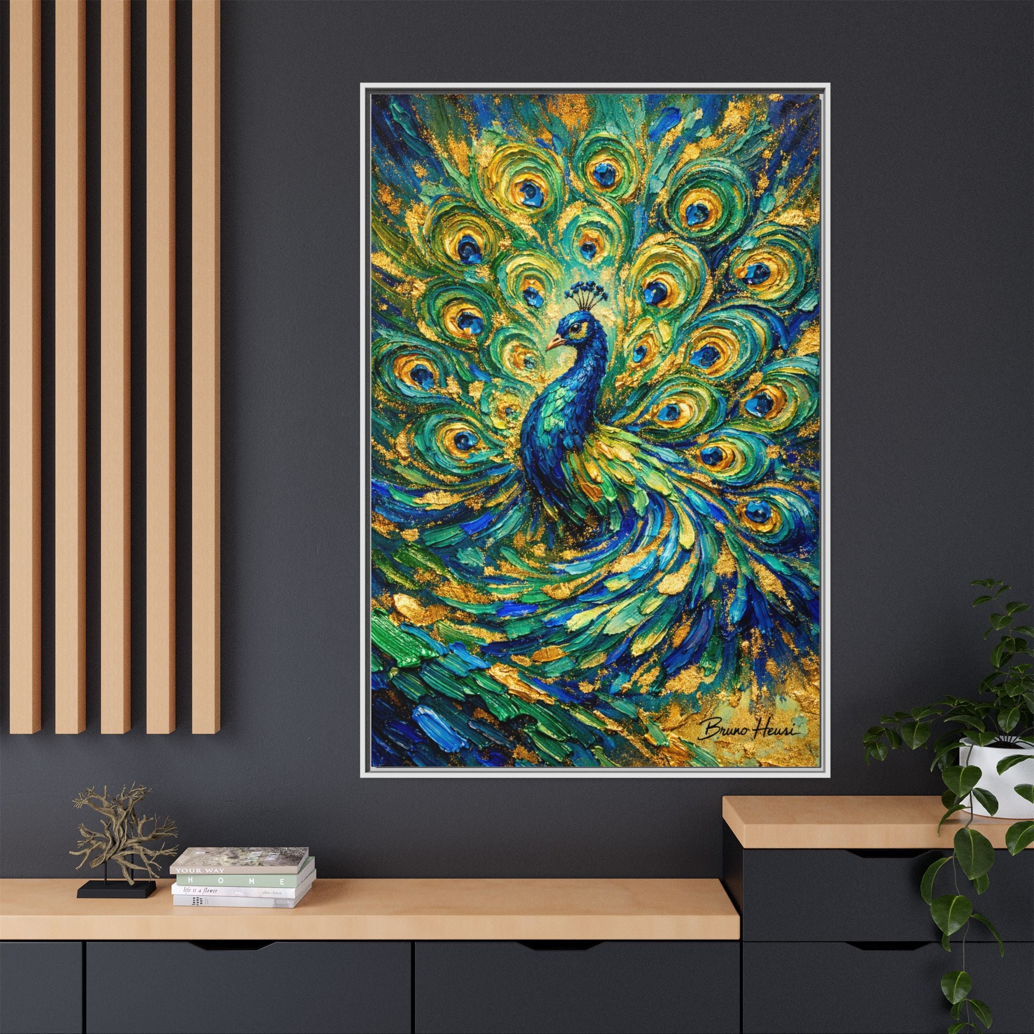Peacock Oil-Style Framed Canvas Wall Art — Vibrant Blue & Gold Peacock Painting