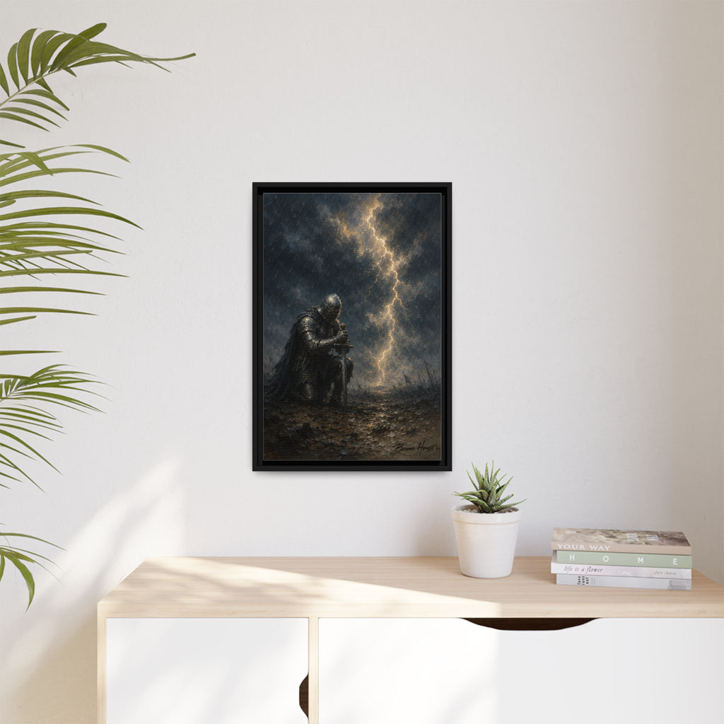 Knight in Thunderstorm Matte Framed Canvas — Dark Fantasy Wall Art