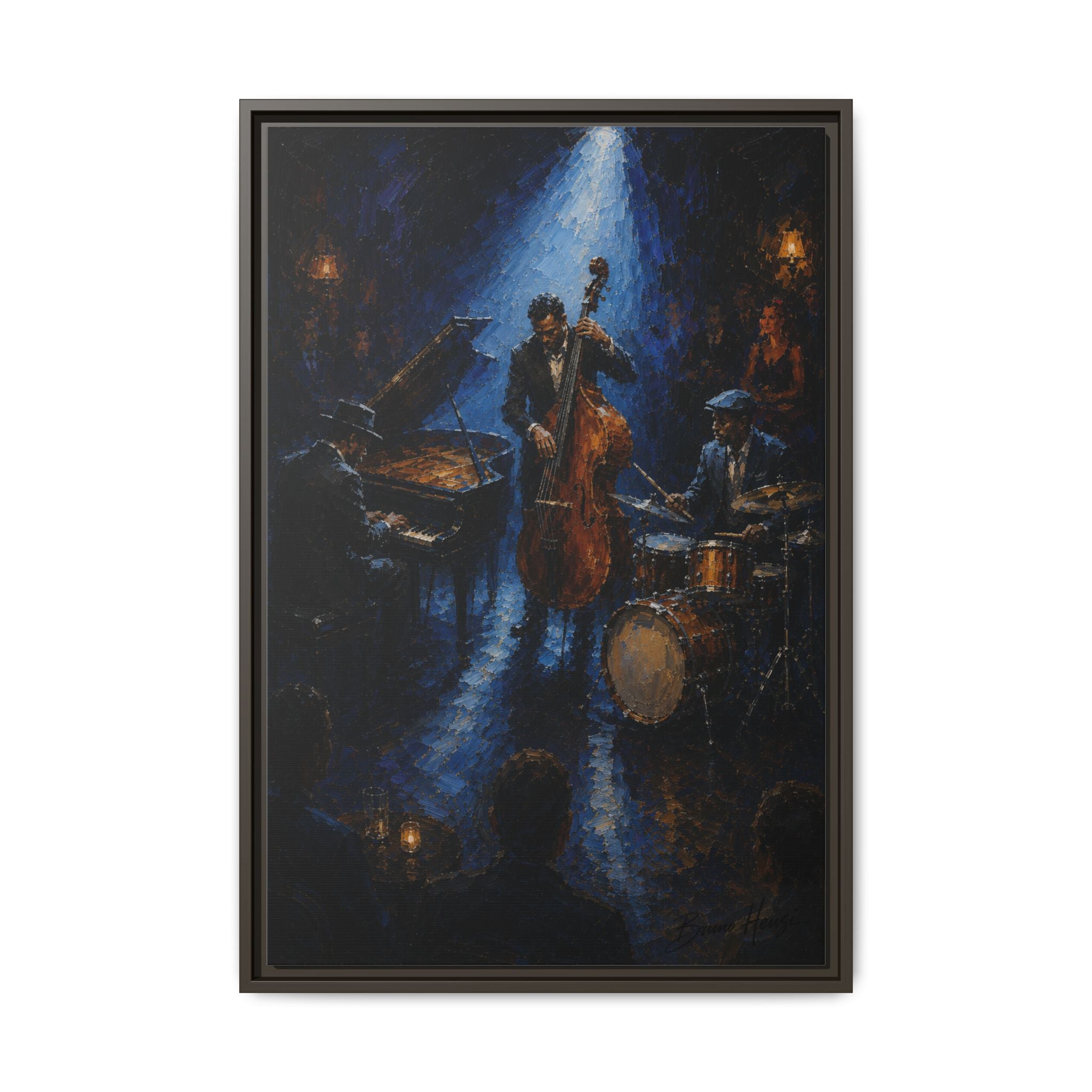 Framed Jazz Quartet Canvas Wall Art – Moody Blue Music Scene