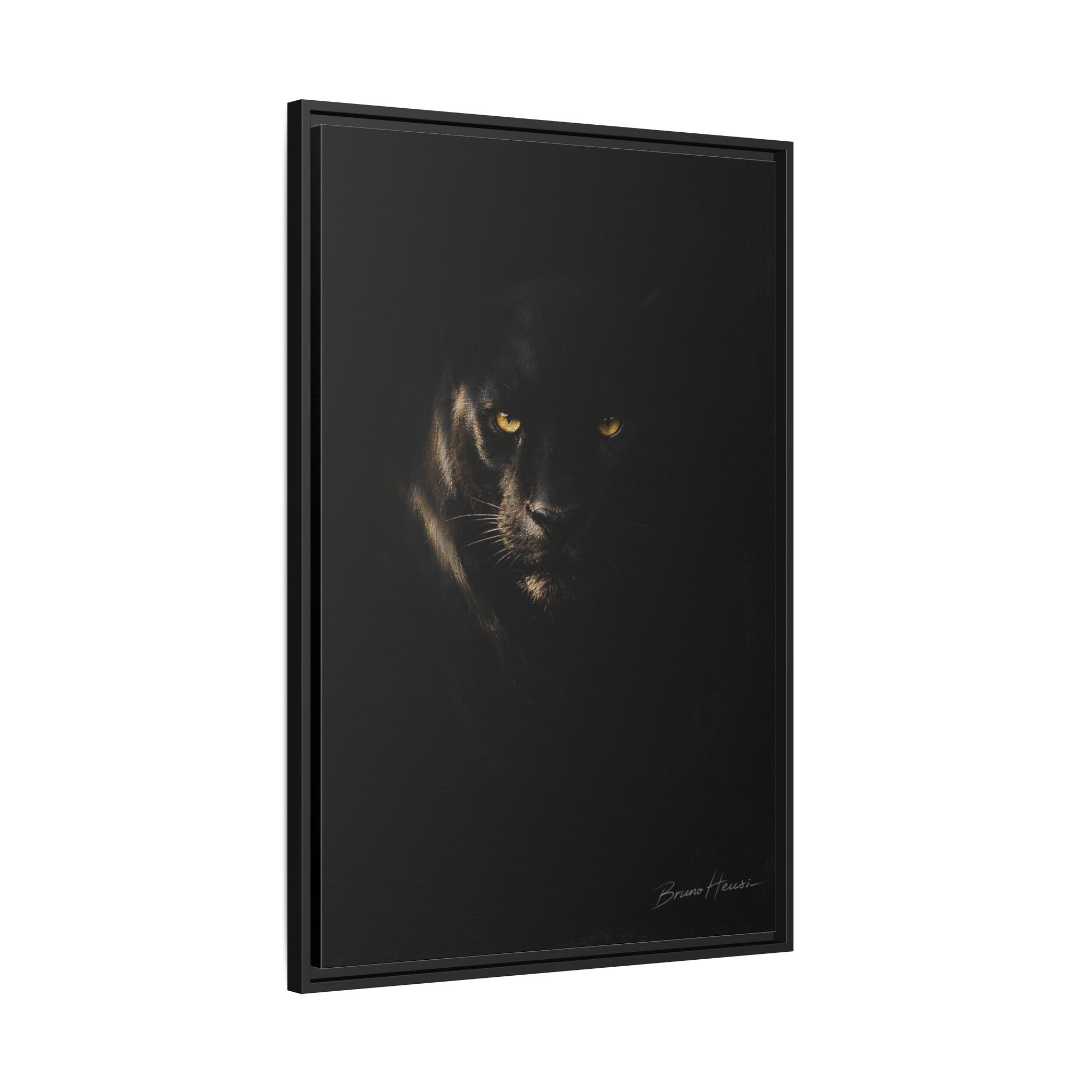 Framed Matte Canvas - Black Panther Wall Art with Golden Eyes