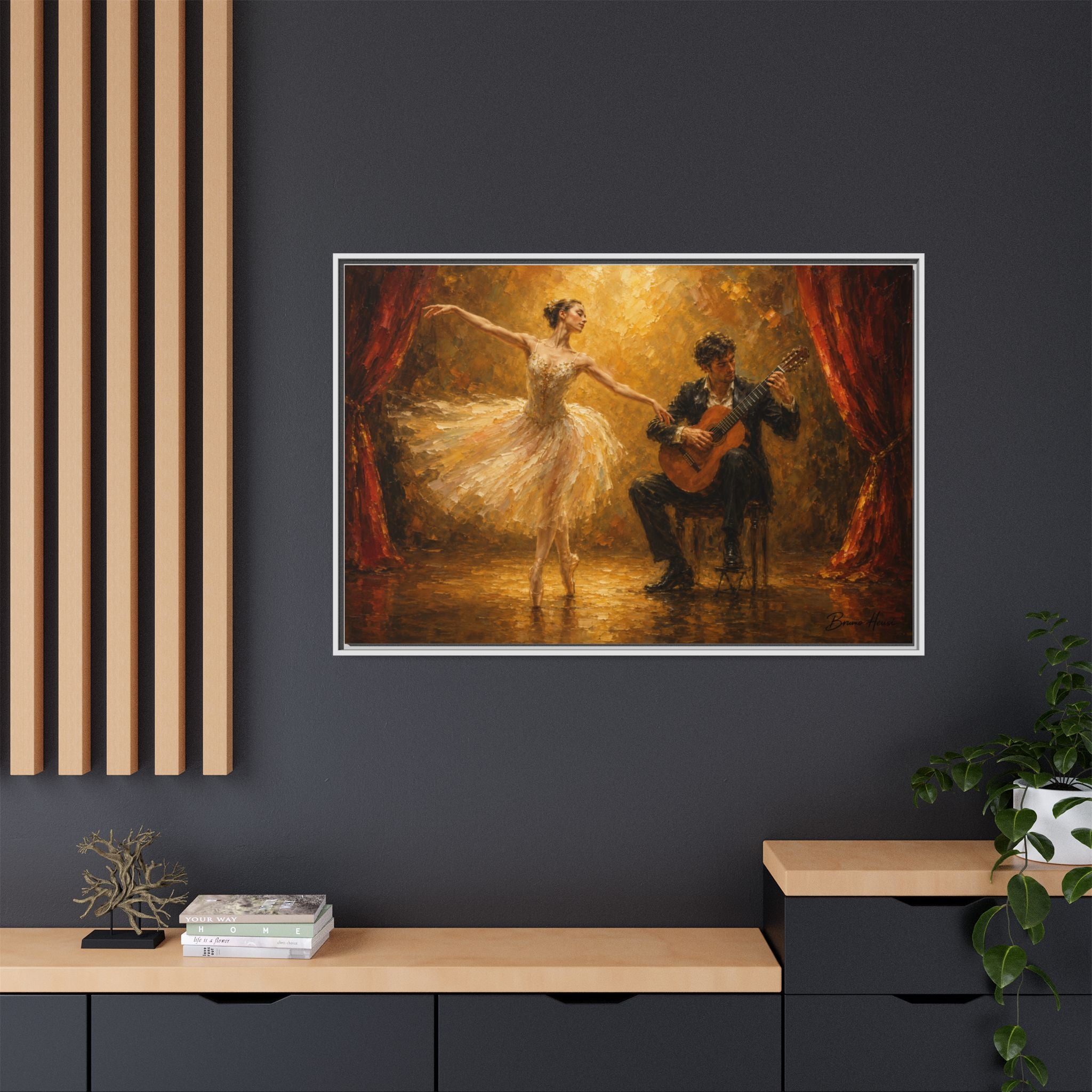 Ballet Dancer & Guitarist Framed Canvas Wall Art — Oil-Style Performance Print
