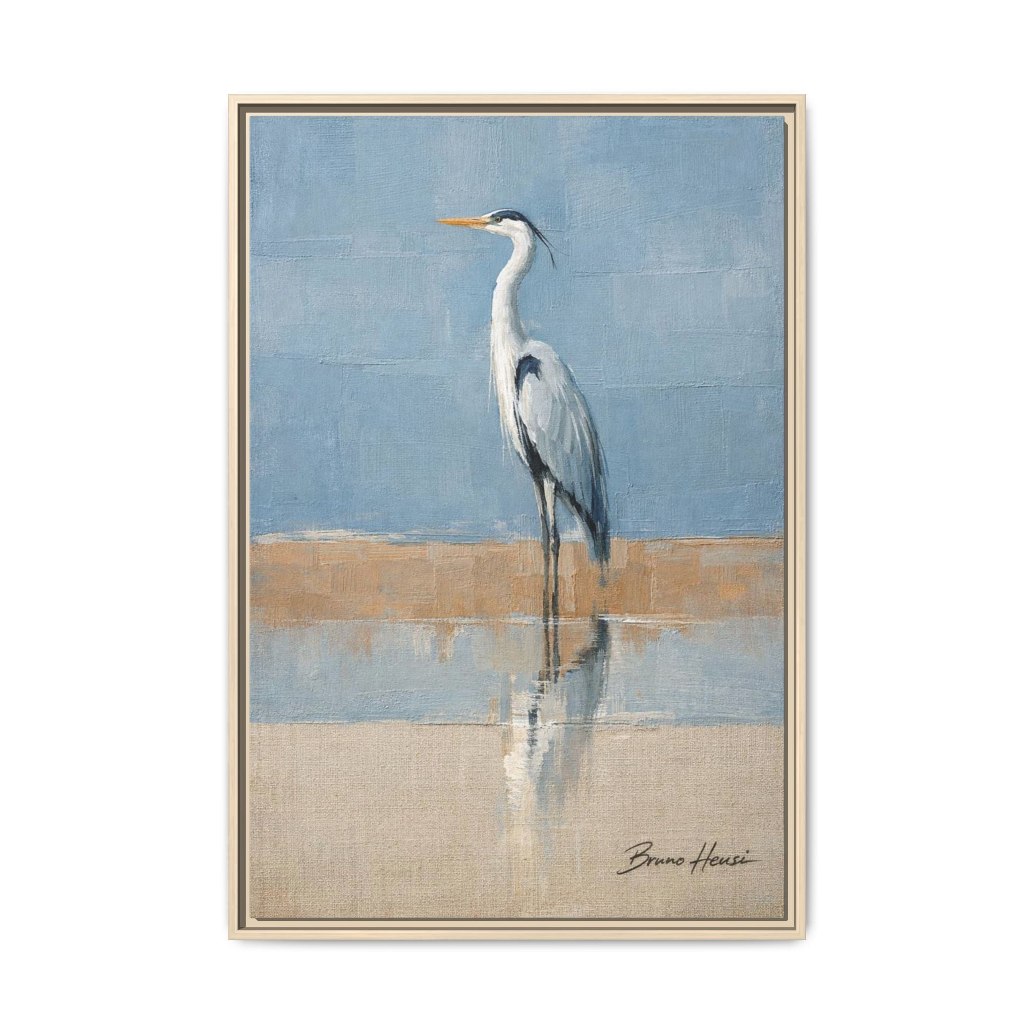 Framed Heron Canvas Art – Coastal Shorebird Wall Decor