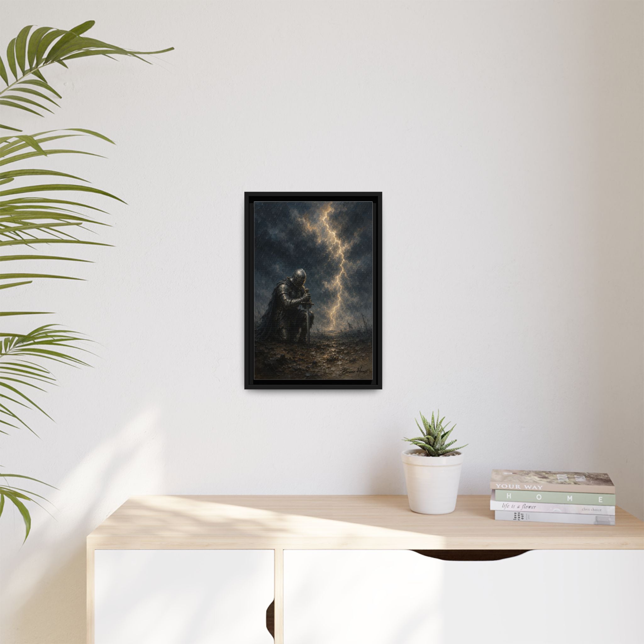 Knight in Thunderstorm Matte Framed Canvas — Dark Fantasy Wall Art