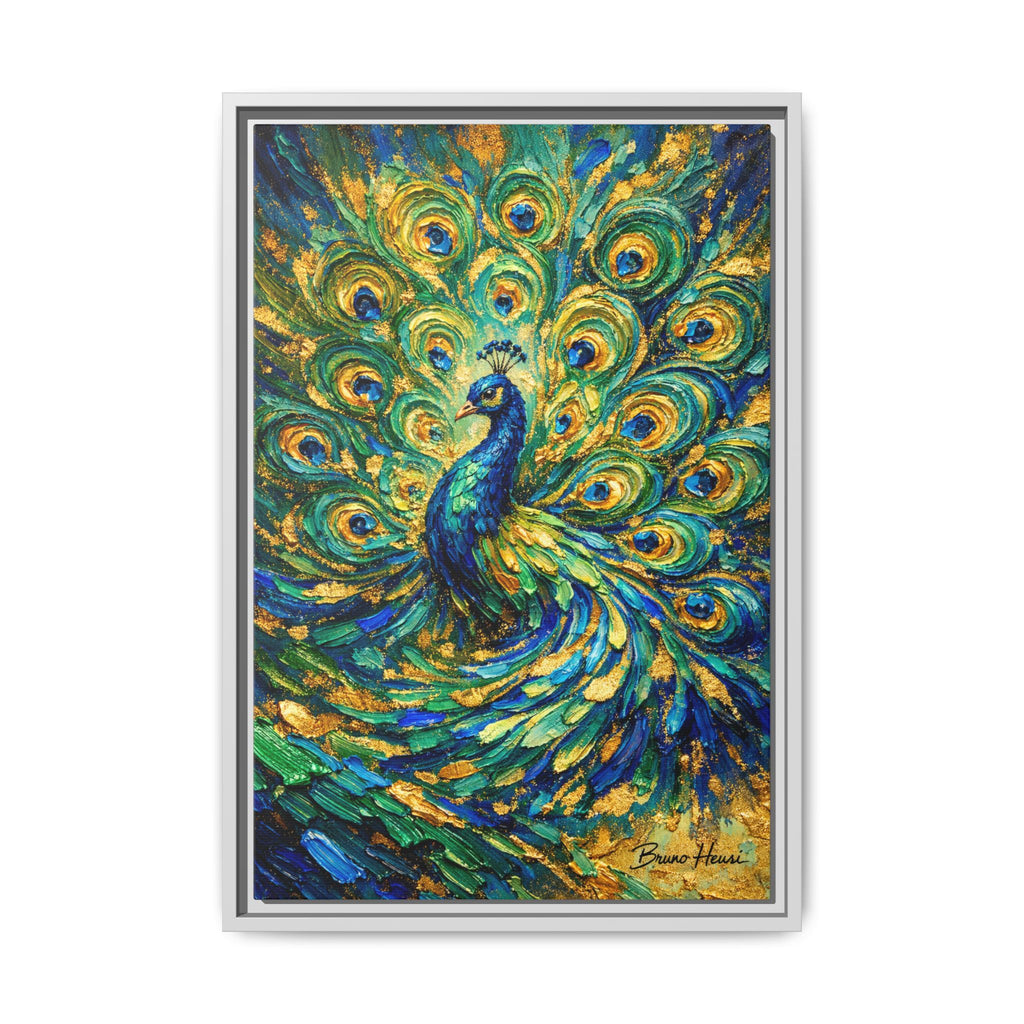 Peacock Oil-Style Framed Canvas Wall Art — Vibrant Blue & Gold Peacock Painting