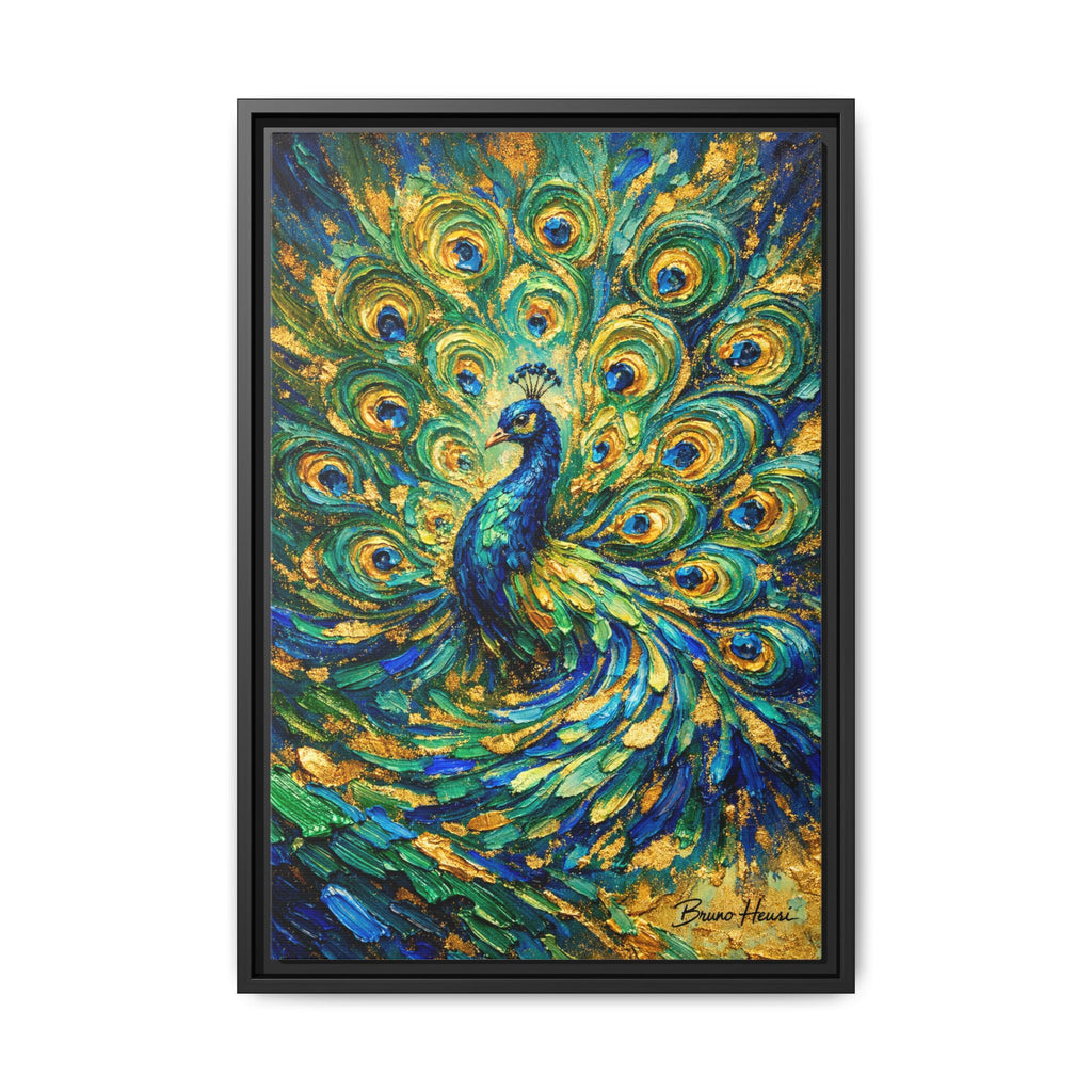 Peacock Oil-Style Framed Canvas Wall Art — Vibrant Blue & Gold Peacock Painting