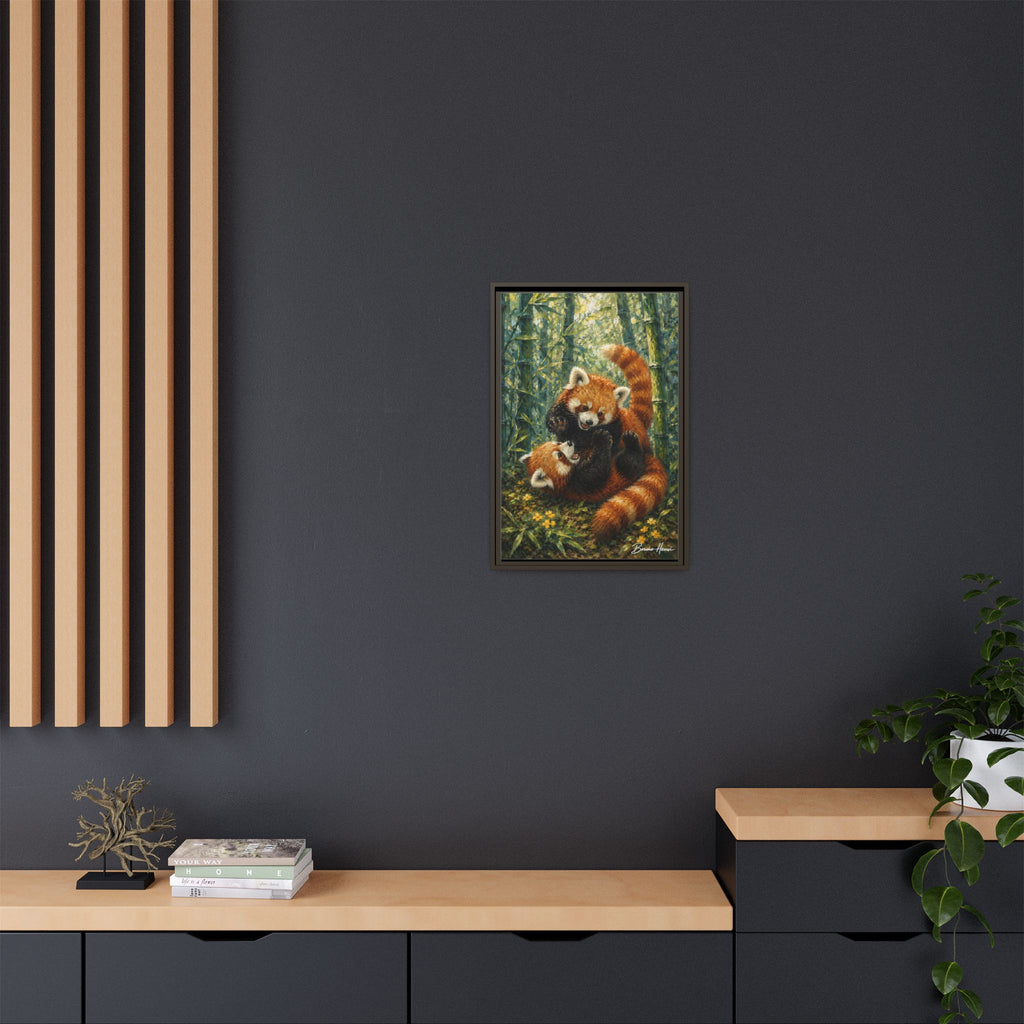 Red Panda Playtime Framed Canvas Wall Art — Playful Wildlife Print