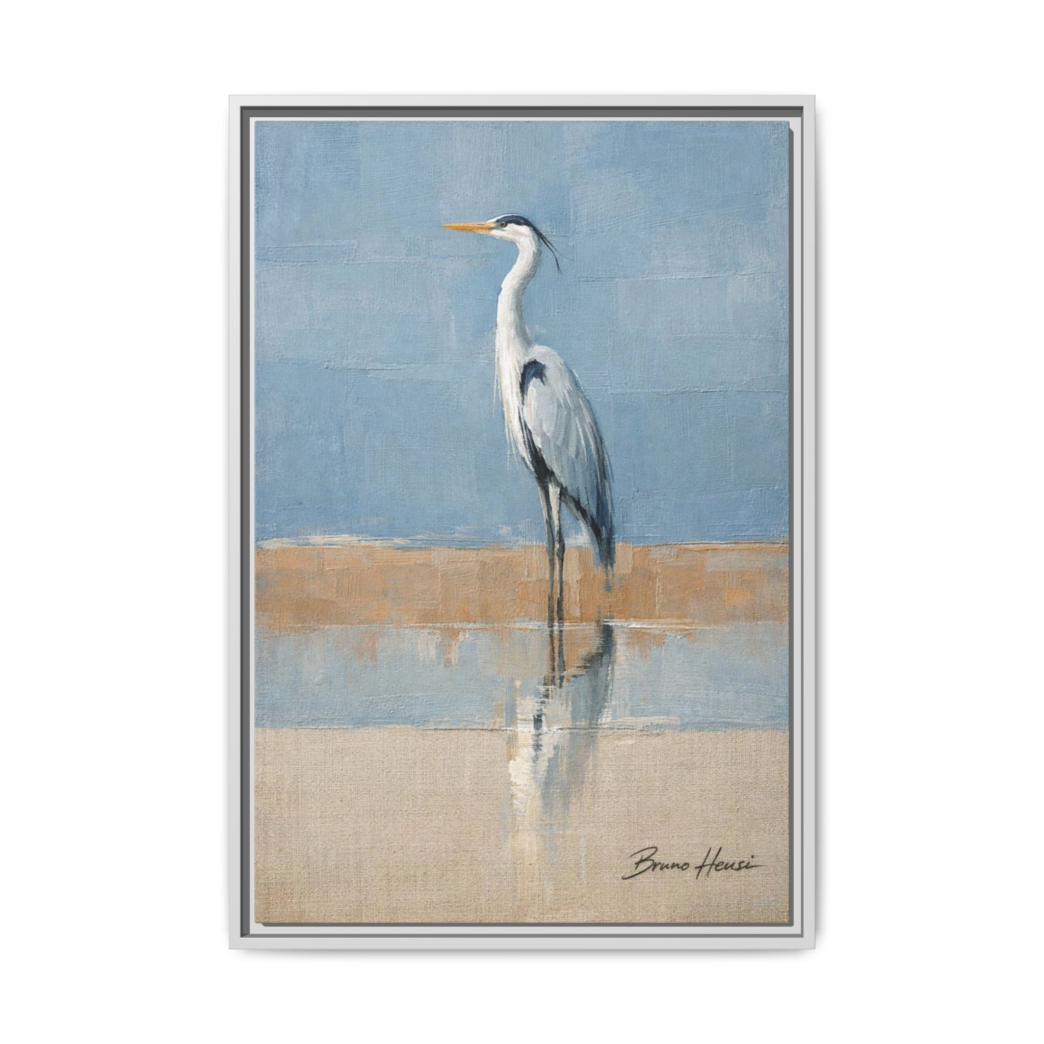 Framed Heron Canvas Art – Coastal Shorebird Wall Decor