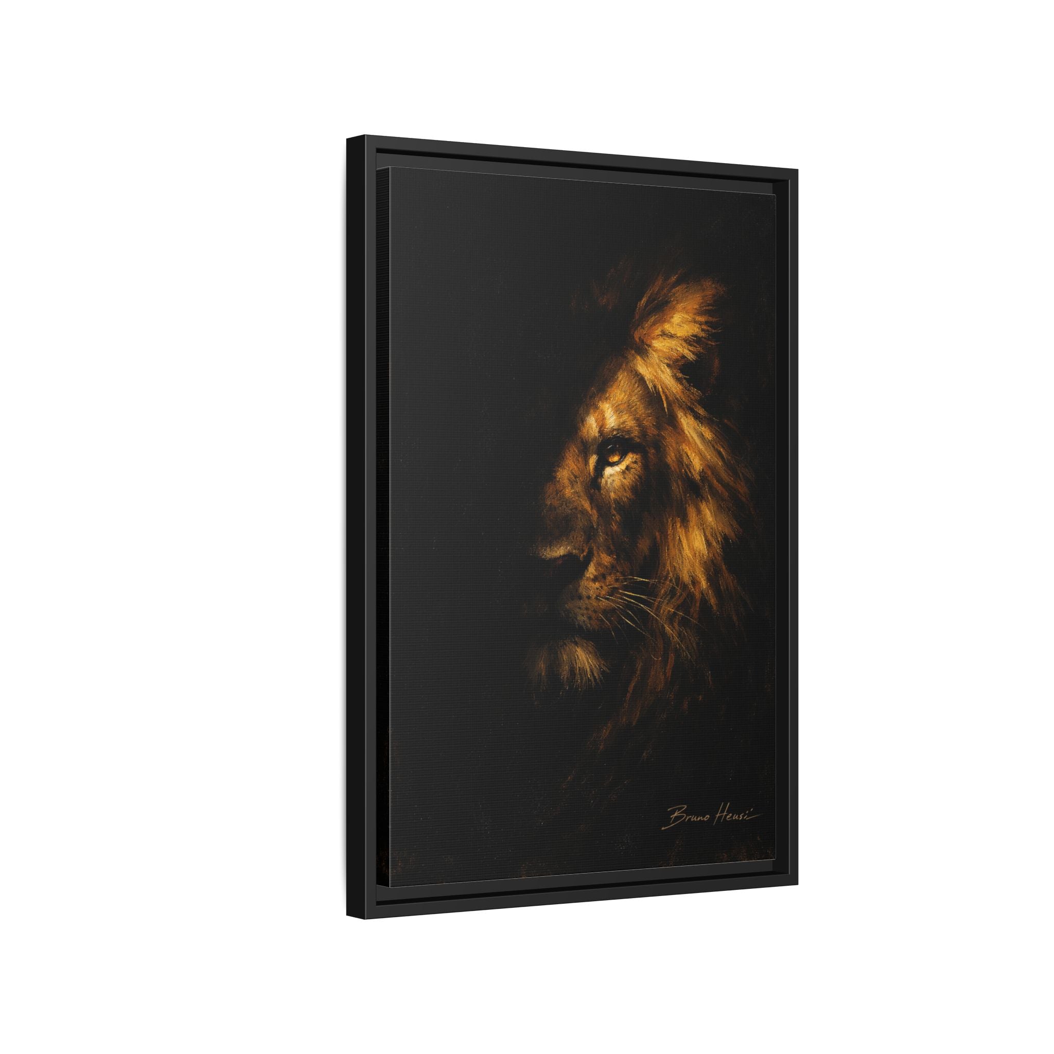 Majestic Lion Portrait Framed Canvas Wall Art — Golden Mane on Black Matte Print