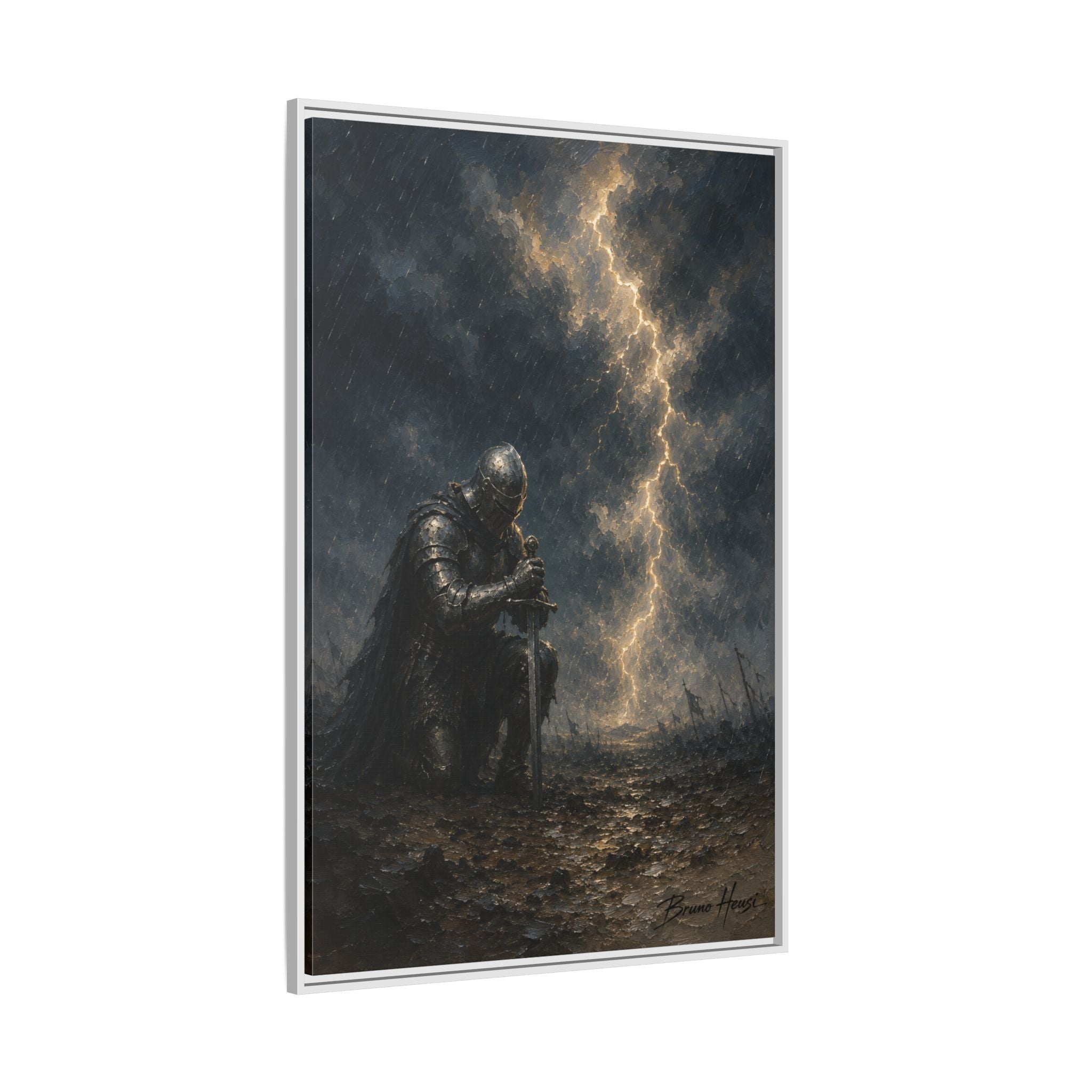 Knight in Thunderstorm Matte Framed Canvas — Dark Fantasy Wall Art