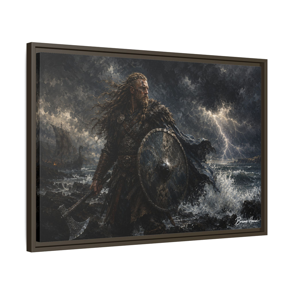 Viking Warrior Matte Framed Canvas Print — Stormy Norse Shield and Axe Wall Art