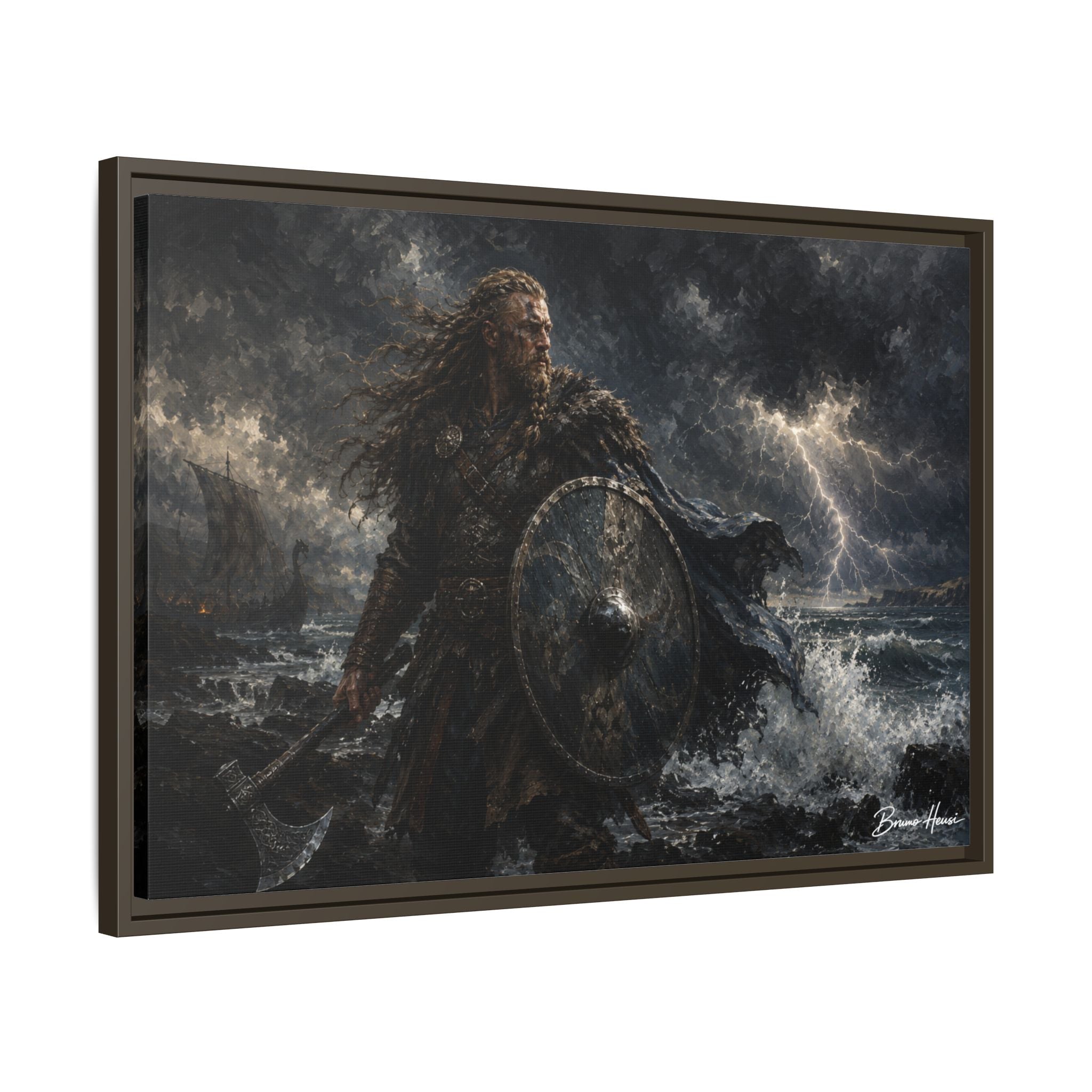 Viking Warrior Matte Framed Canvas Print — Stormy Norse Shield and Axe Wall Art