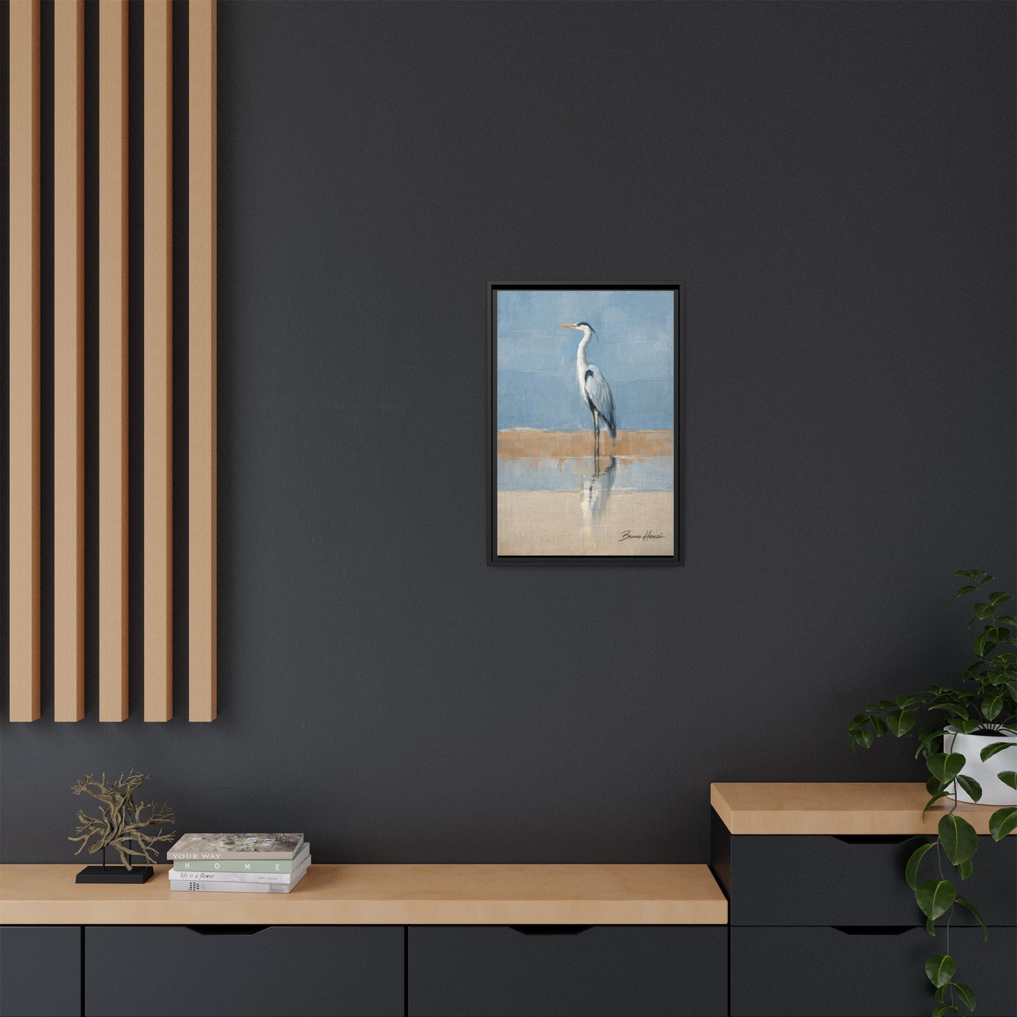 Framed Heron Canvas Art – Coastal Shorebird Wall Decor