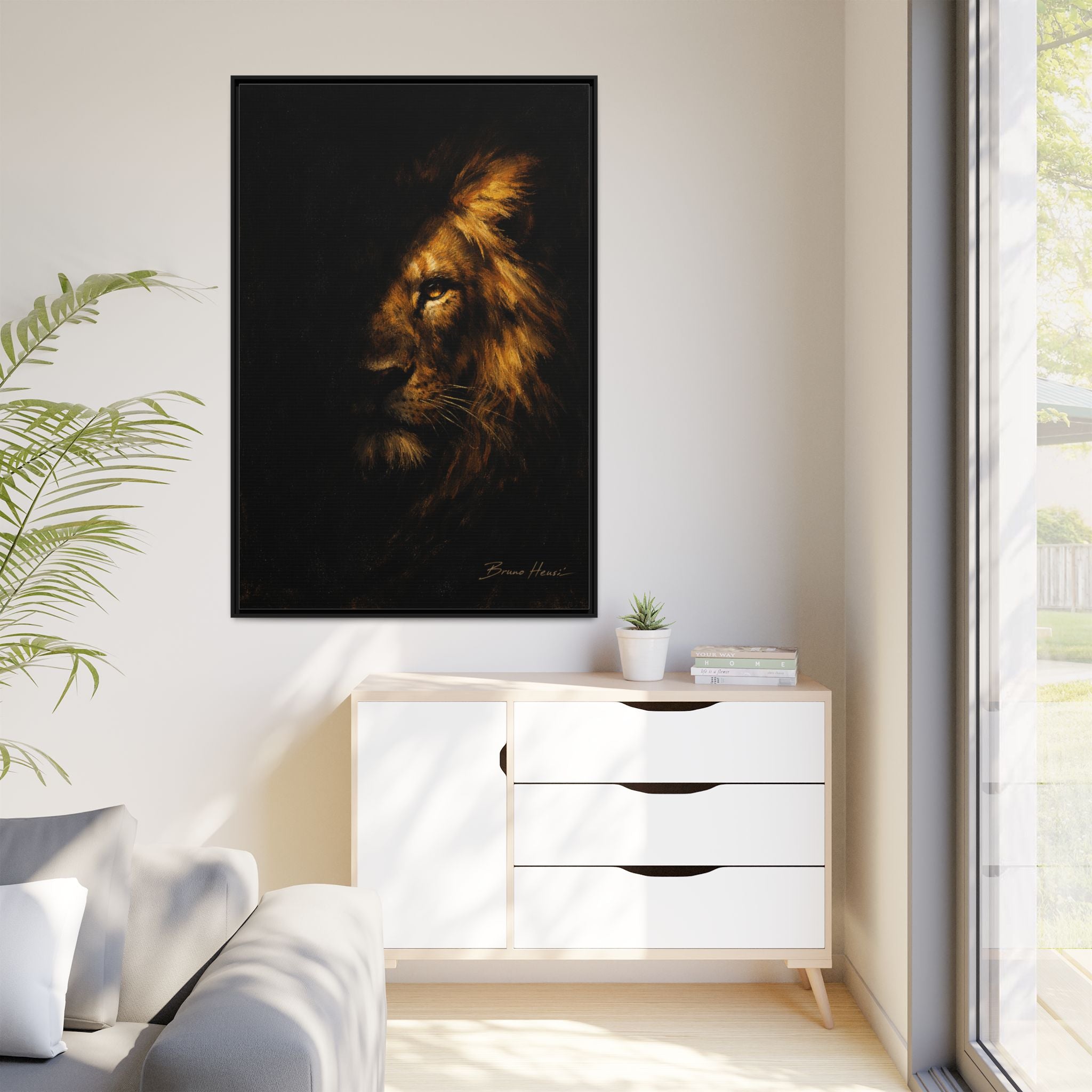 Majestic Lion Portrait Framed Canvas Wall Art — Golden Mane on Black Matte Print