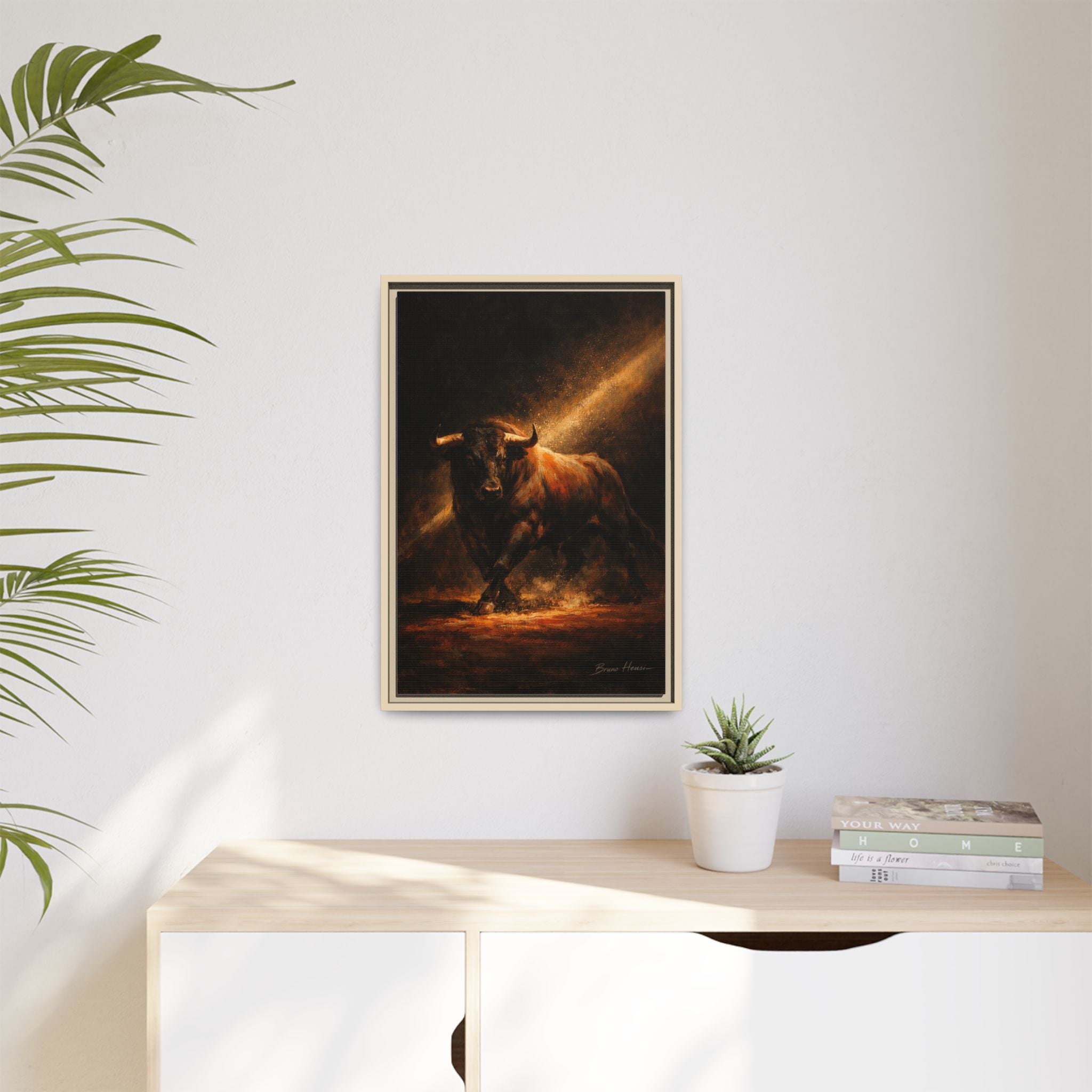 Framed Matte Canvas Art - Dramatic Charging Bull Painting