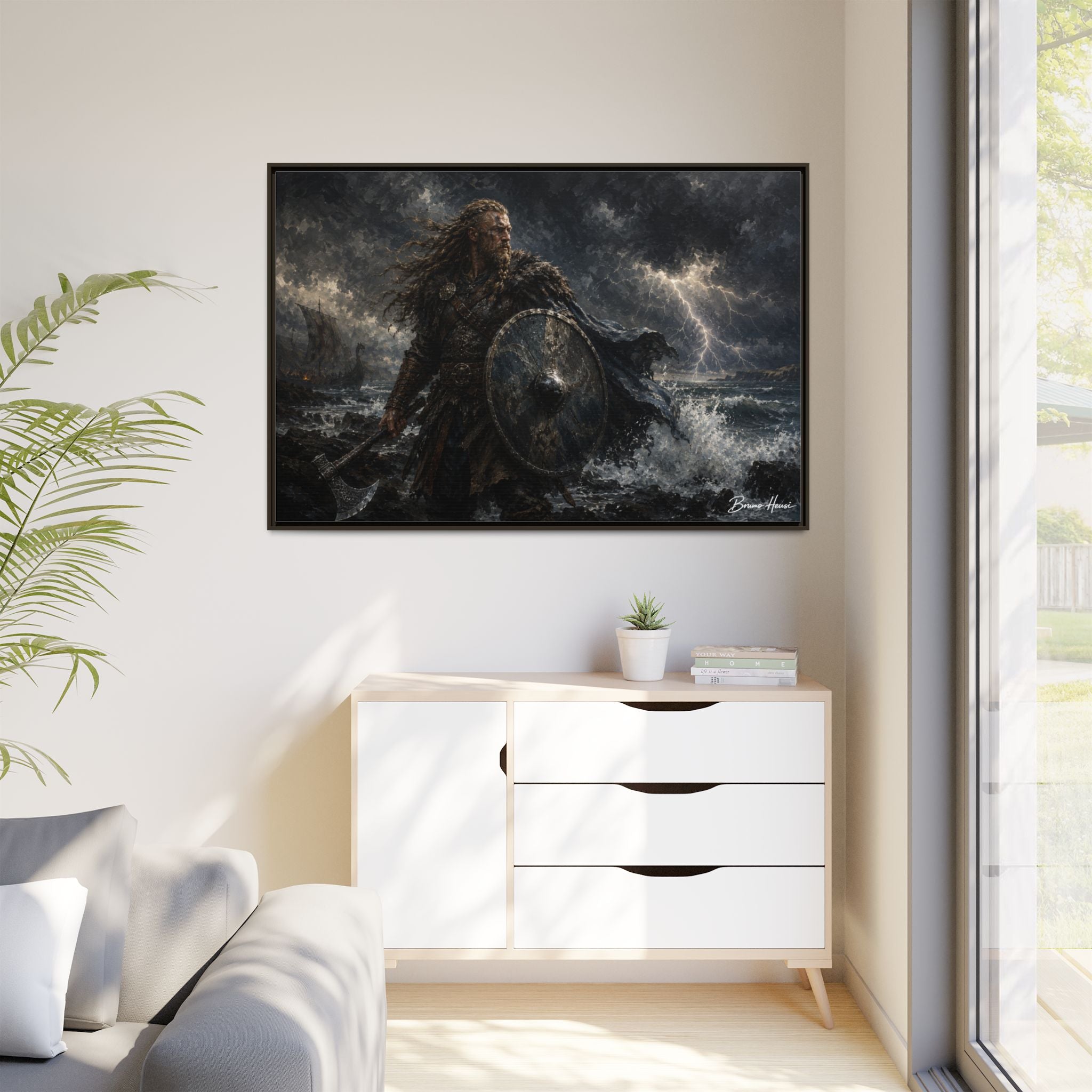 Viking Warrior Matte Framed Canvas Print — Stormy Norse Shield and Axe Wall Art