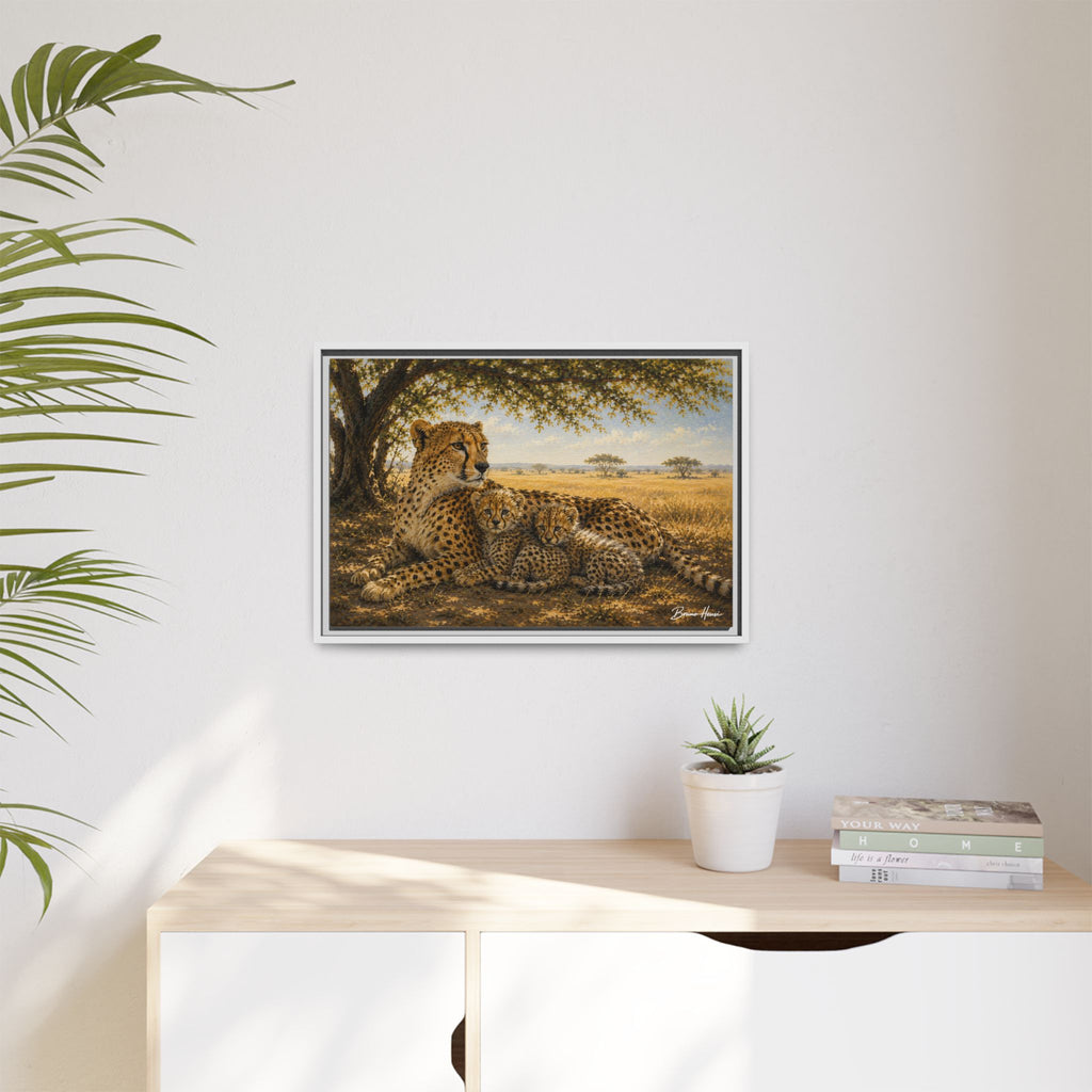 Cheetah Mother & Cubs Framed Canvas Wall Art – African Wildlife Safari Print