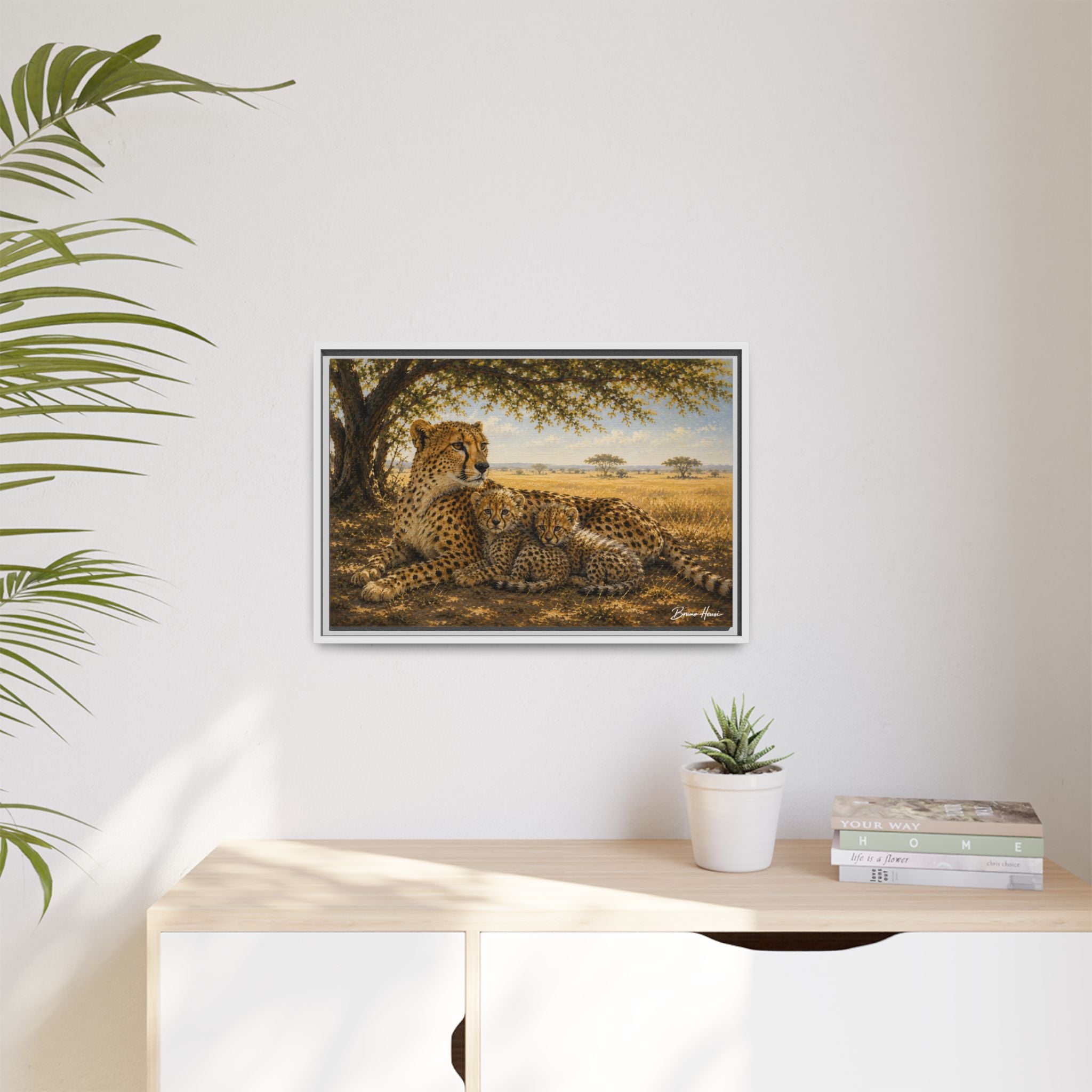 Cheetah Mother & Cubs Framed Canvas Wall Art – African Wildlife Safari Print