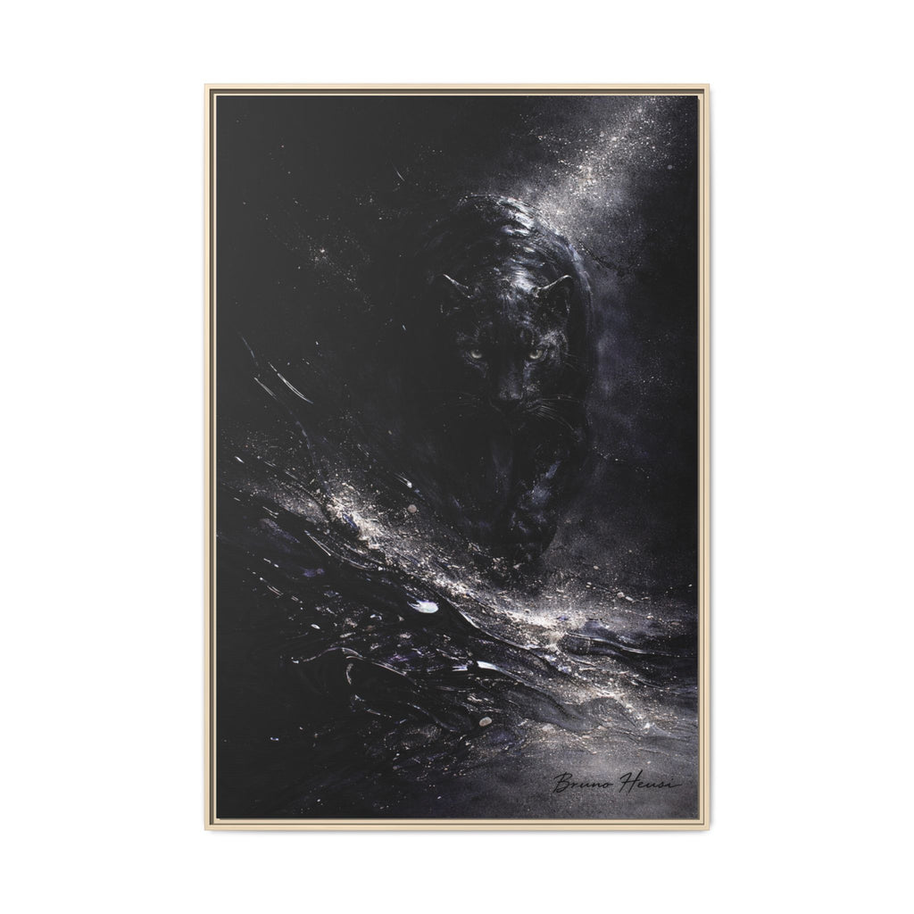 Cosmic Black Panther Matte Framed Canvas – Dark Abstract Wildlife Wall Art