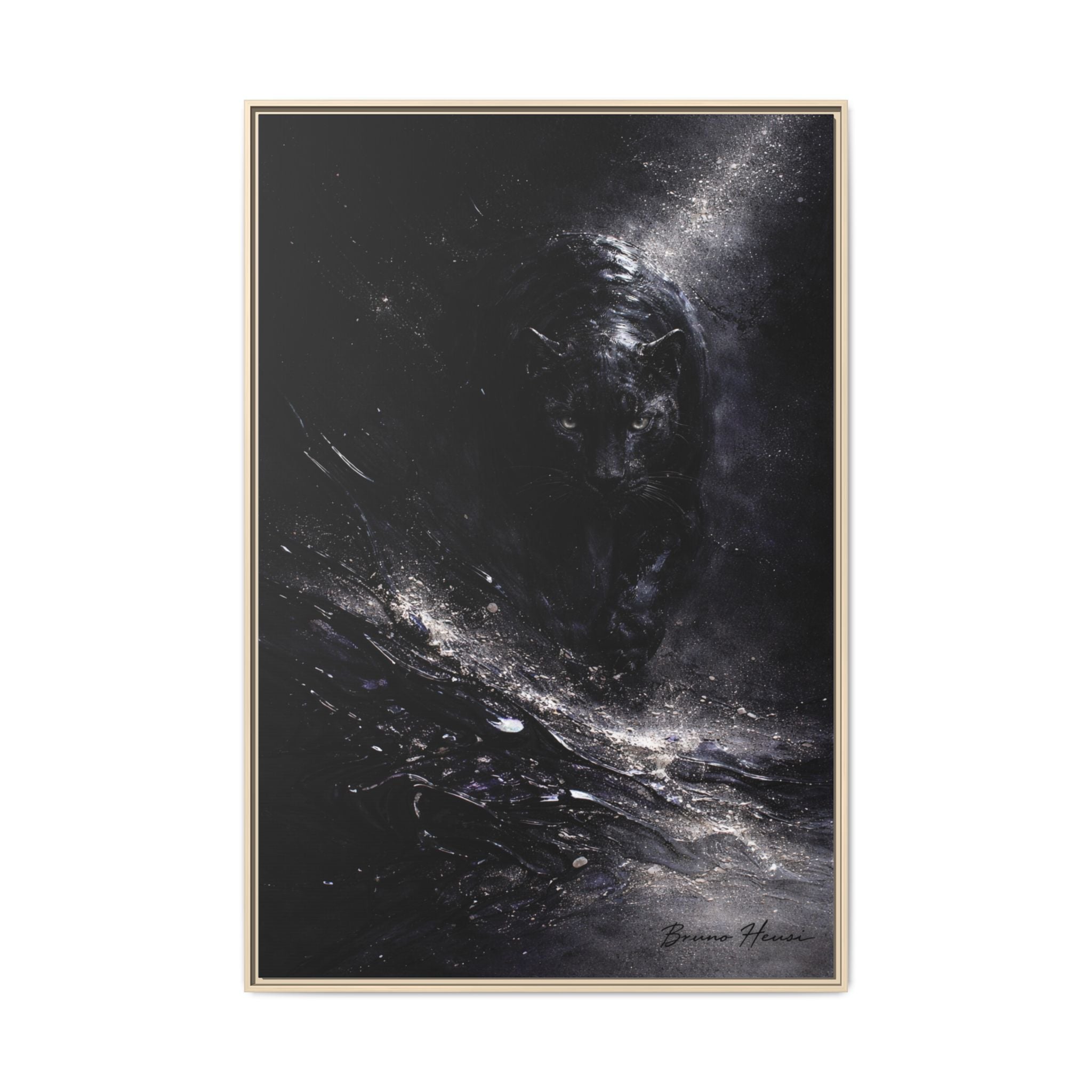 Cosmic Black Panther Matte Framed Canvas – Dark Abstract Wildlife Wall Art