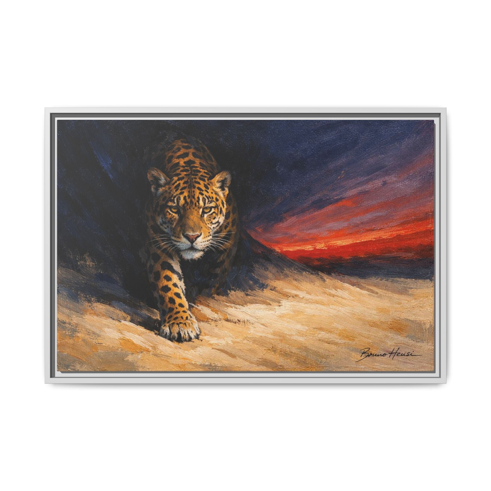 Framed Jaguar Canvas Art – Majestic Big Cat Painting with Sunset Sky
