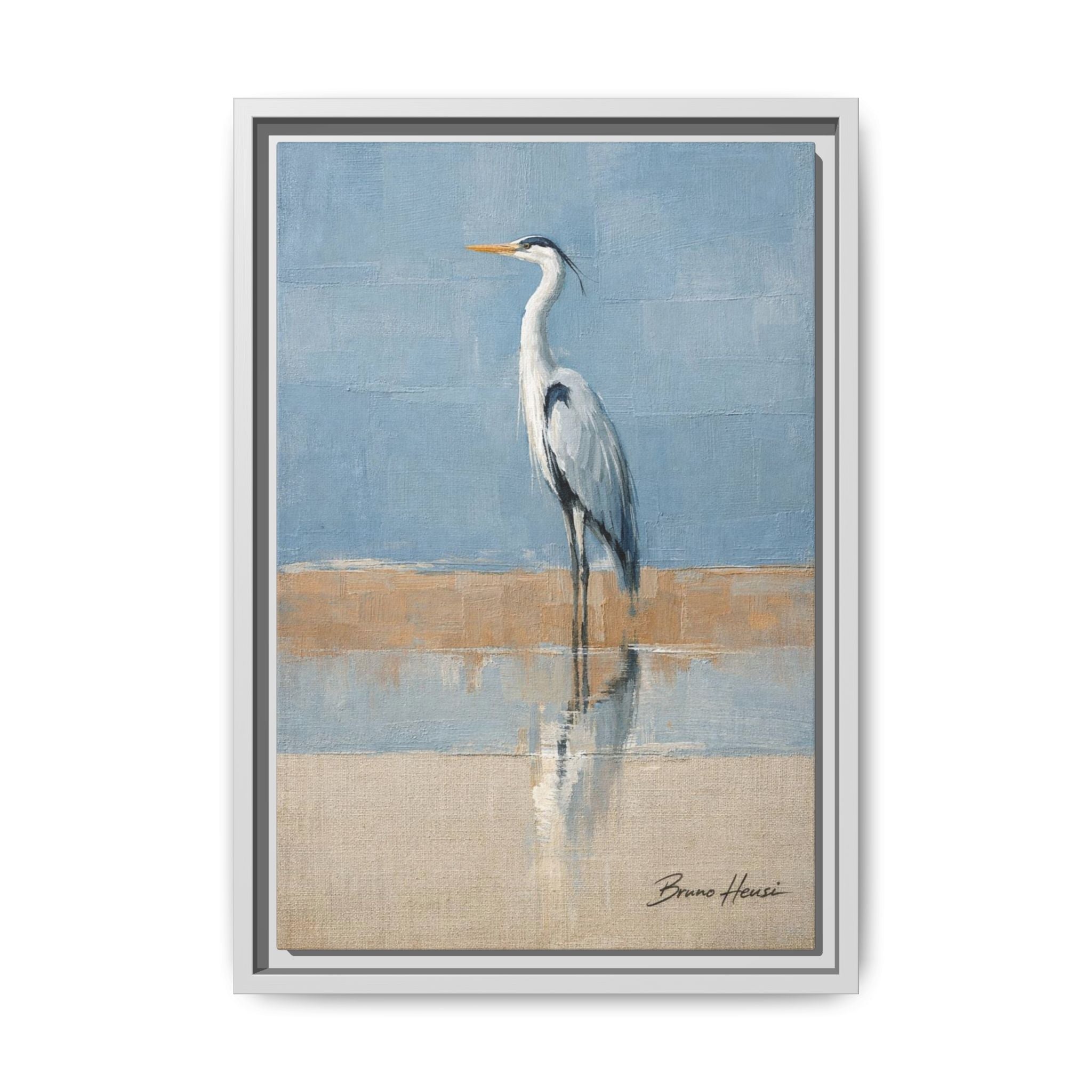 Framed Heron Canvas Art – Coastal Shorebird Wall Decor