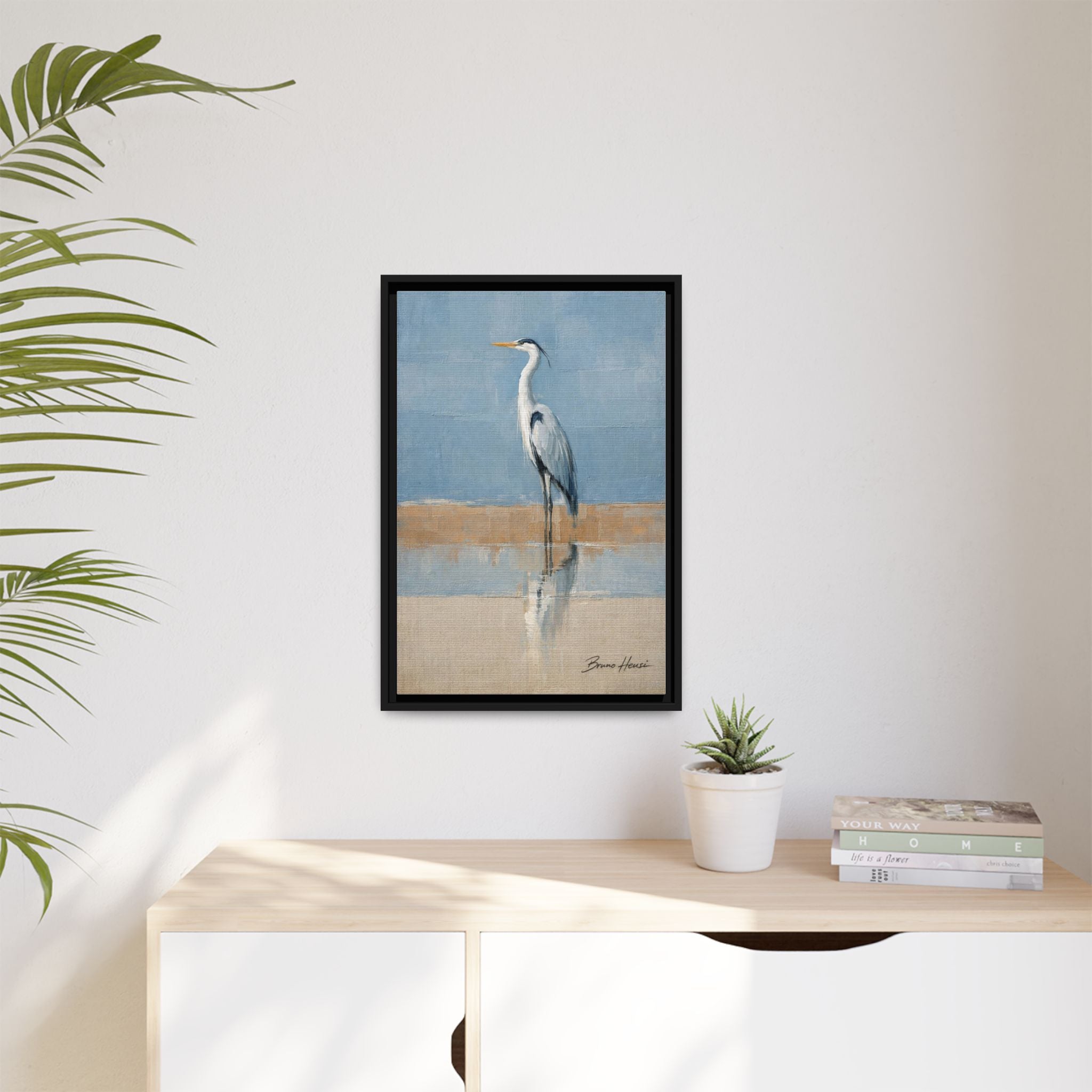 Framed Heron Canvas Art – Coastal Shorebird Wall Decor