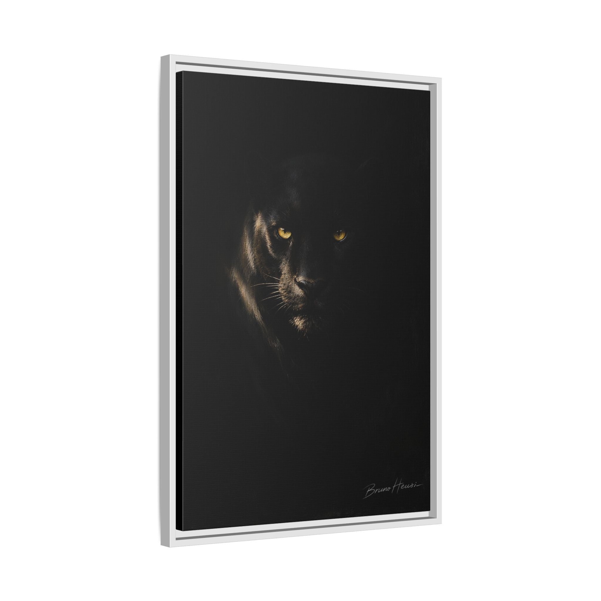 Framed Matte Canvas - Black Panther Wall Art with Golden Eyes