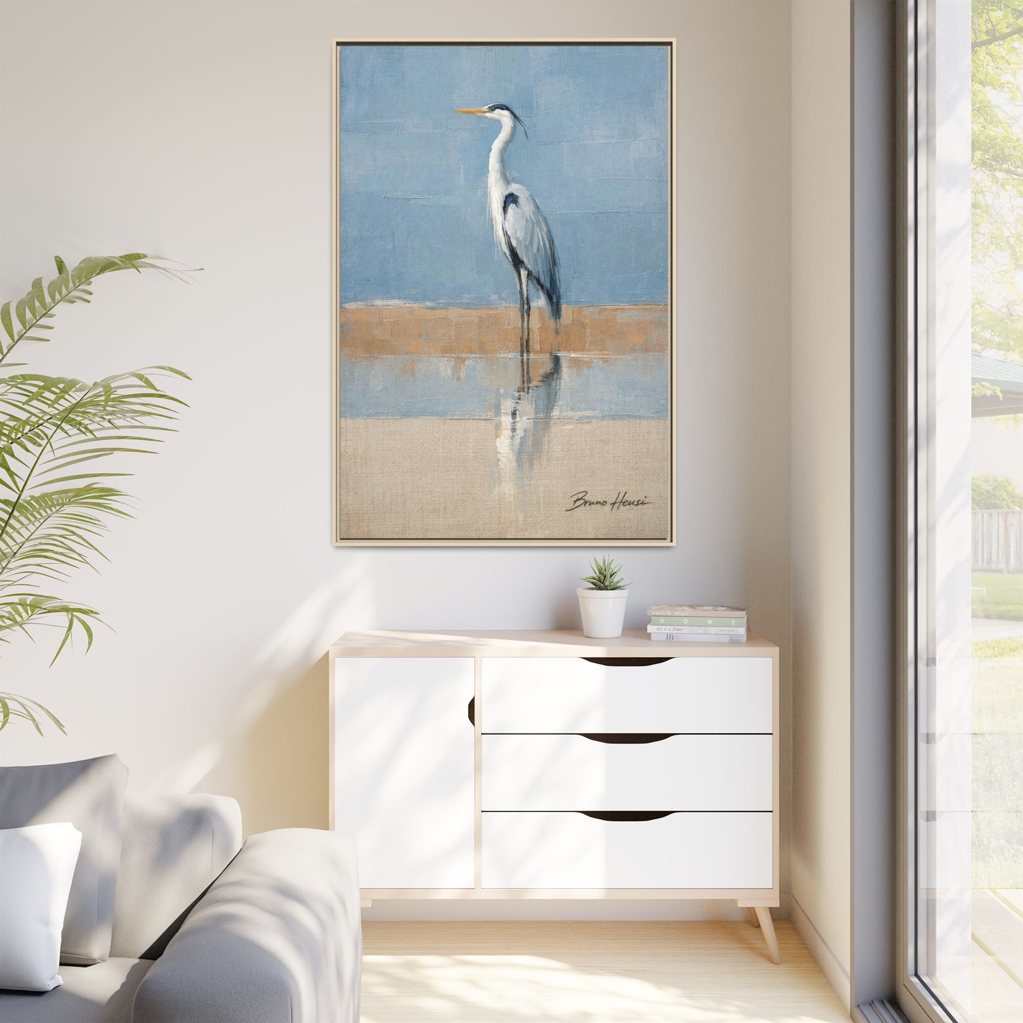 Framed Heron Canvas Art – Coastal Shorebird Wall Decor