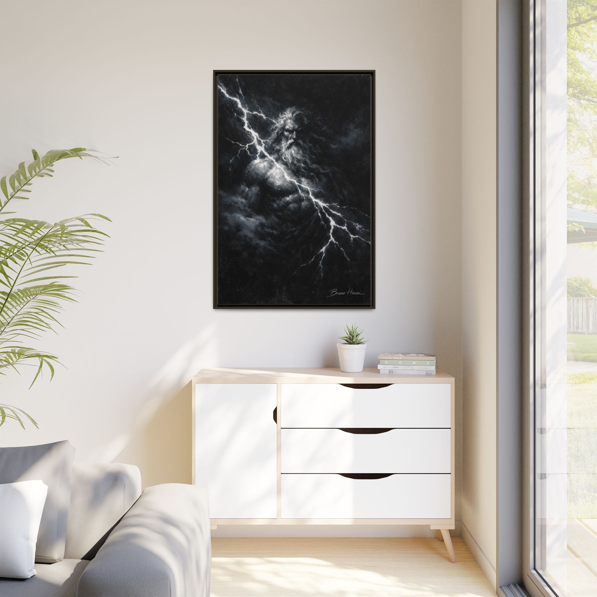 Zeus Lightning God Framed Canvas Wall Art — Stormy Mythology Print