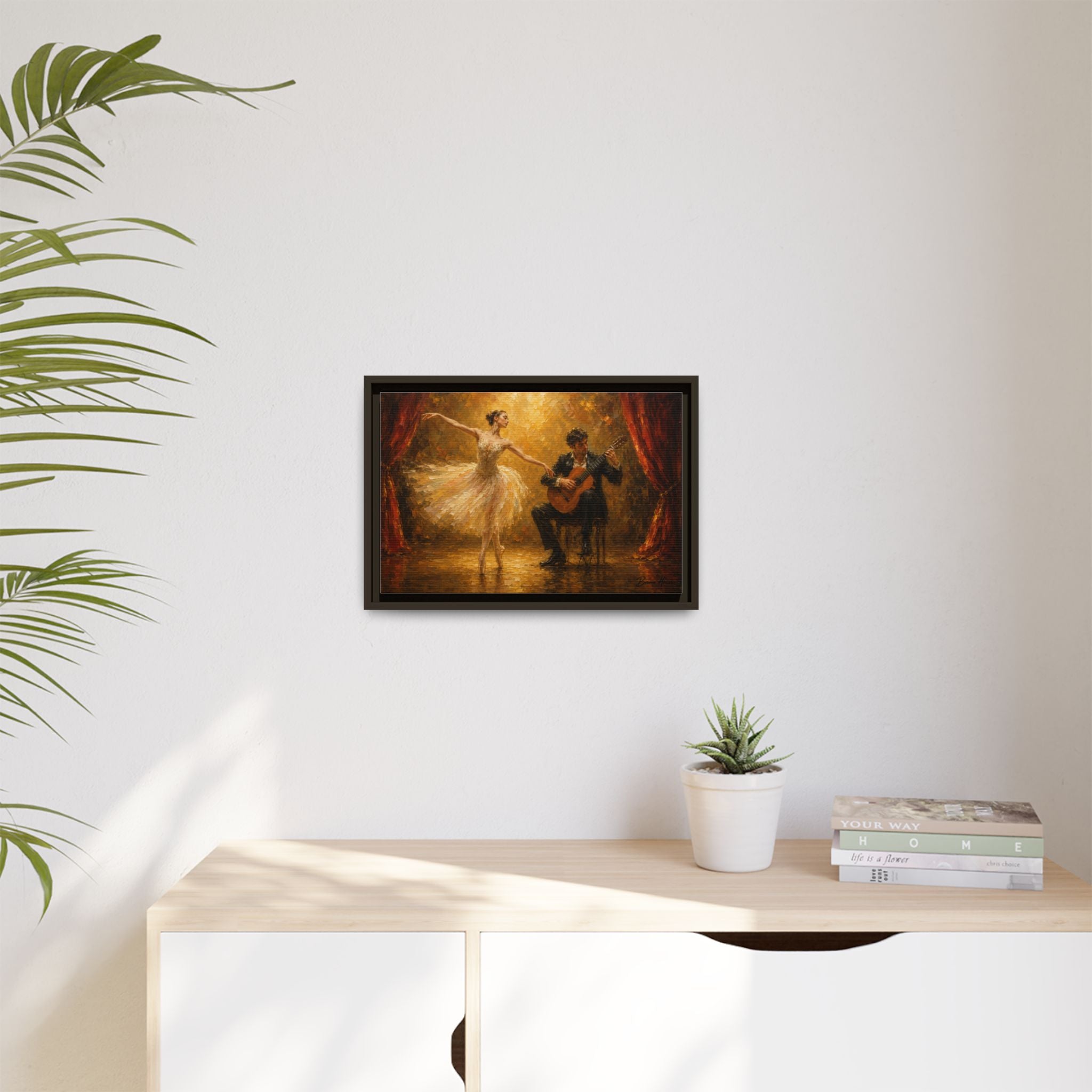 Ballet Dancer & Guitarist Framed Canvas Wall Art — Oil-Style Performance Print