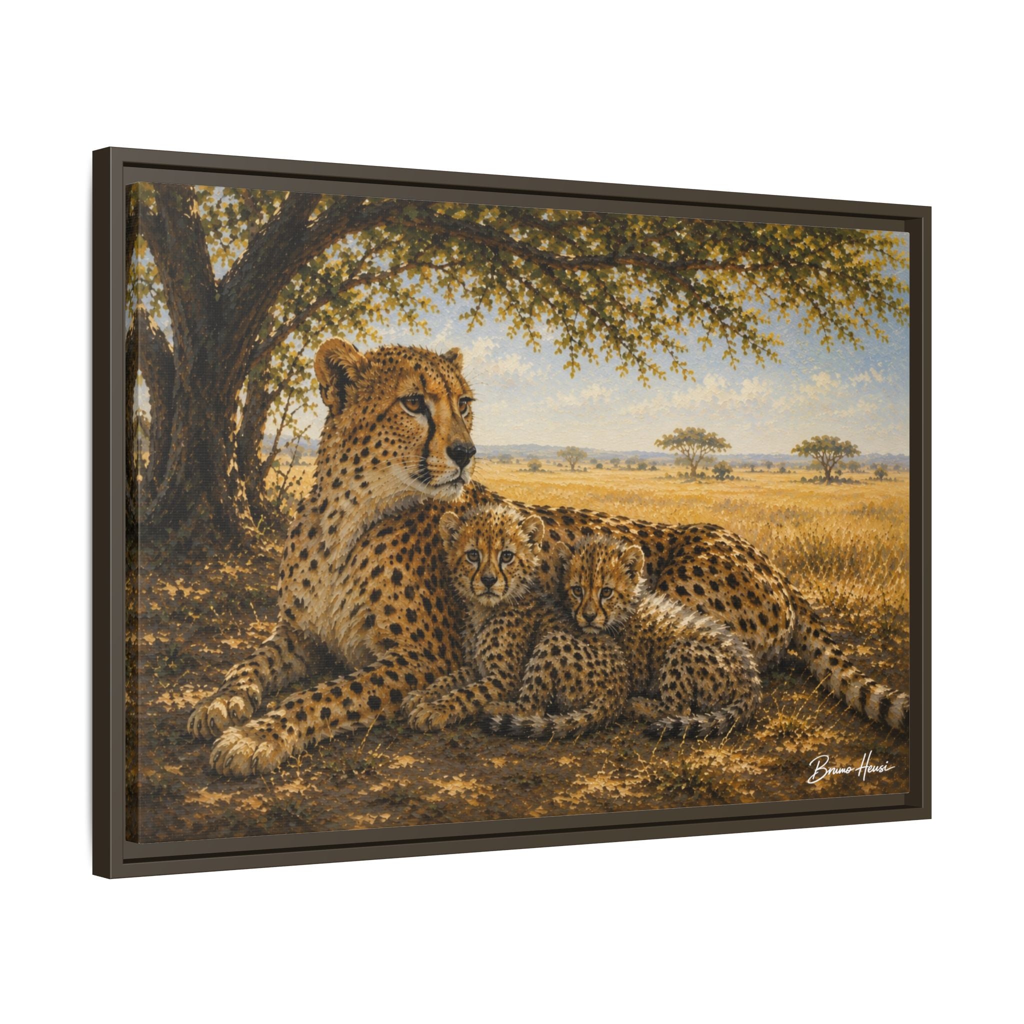 Cheetah Mother & Cubs Framed Canvas Wall Art – African Wildlife Safari Print