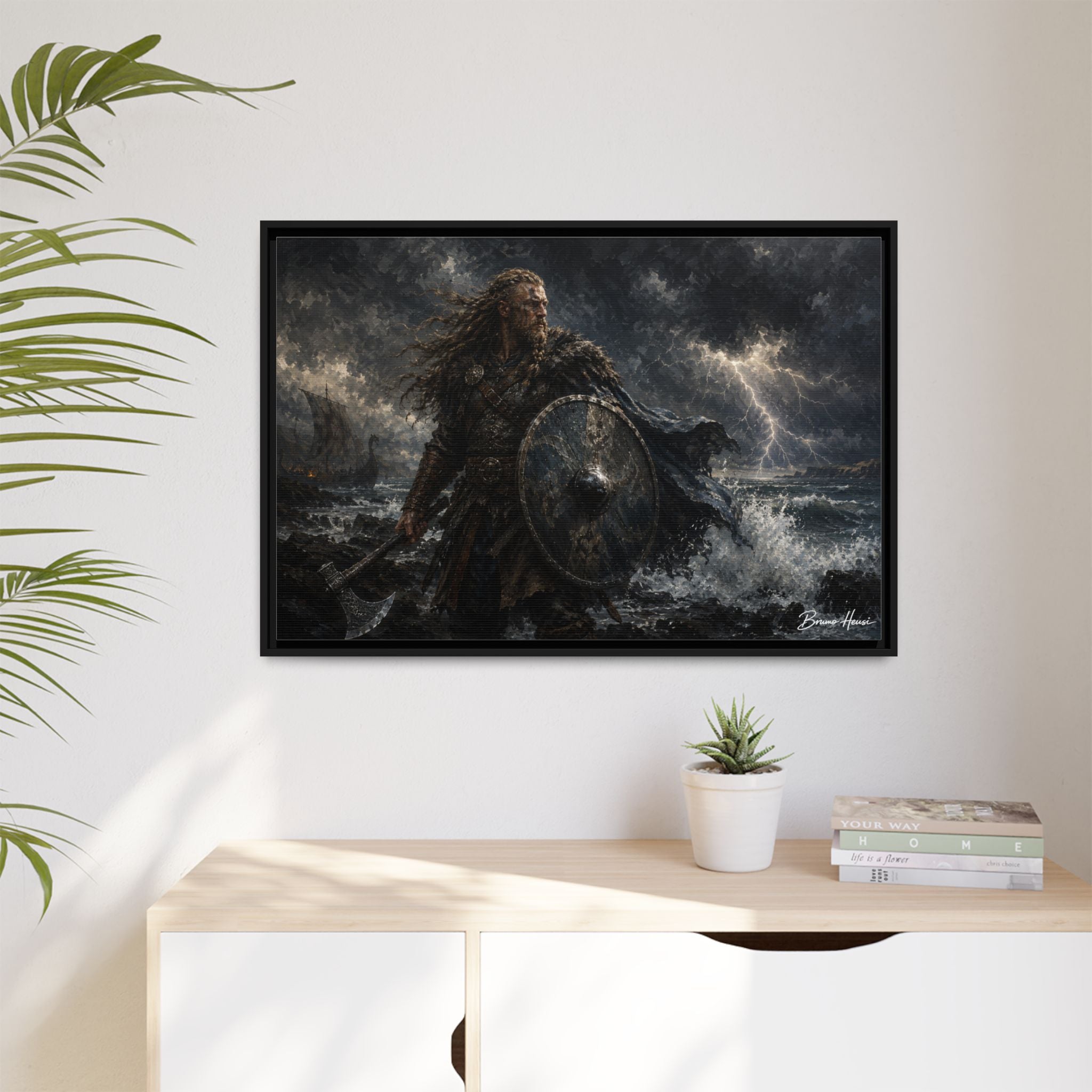 Viking Warrior Matte Framed Canvas Print — Stormy Norse Shield and Axe Wall Art