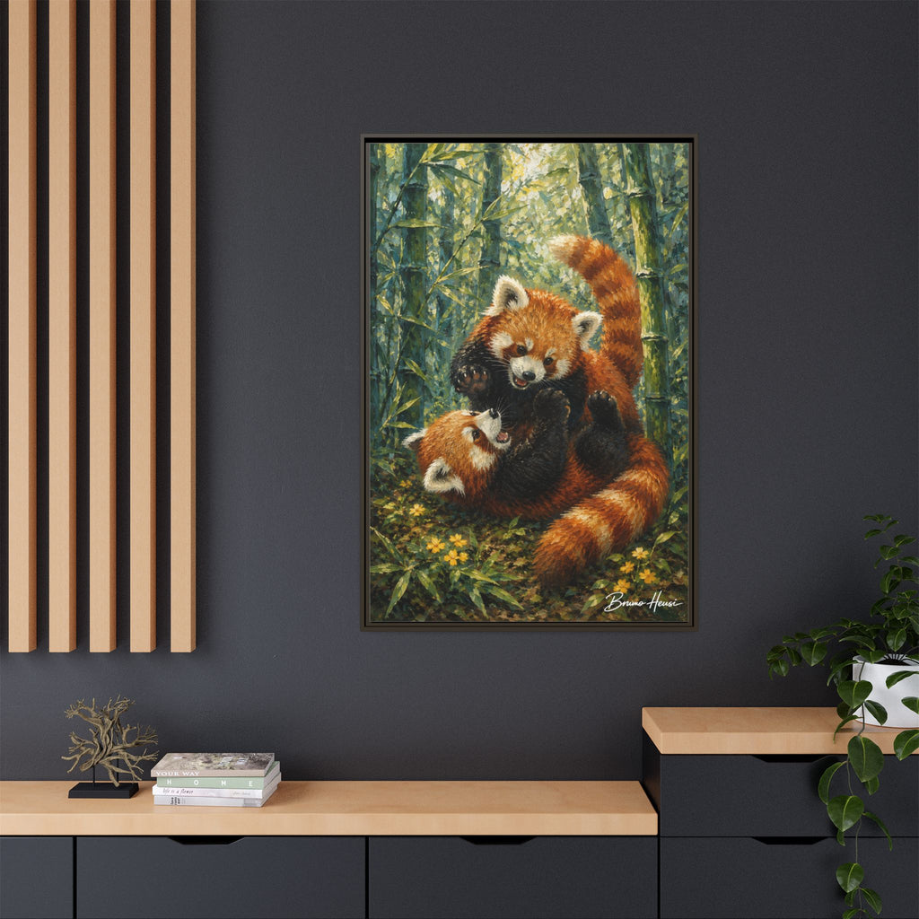 Red Panda Playtime Framed Canvas Wall Art — Playful Wildlife Print