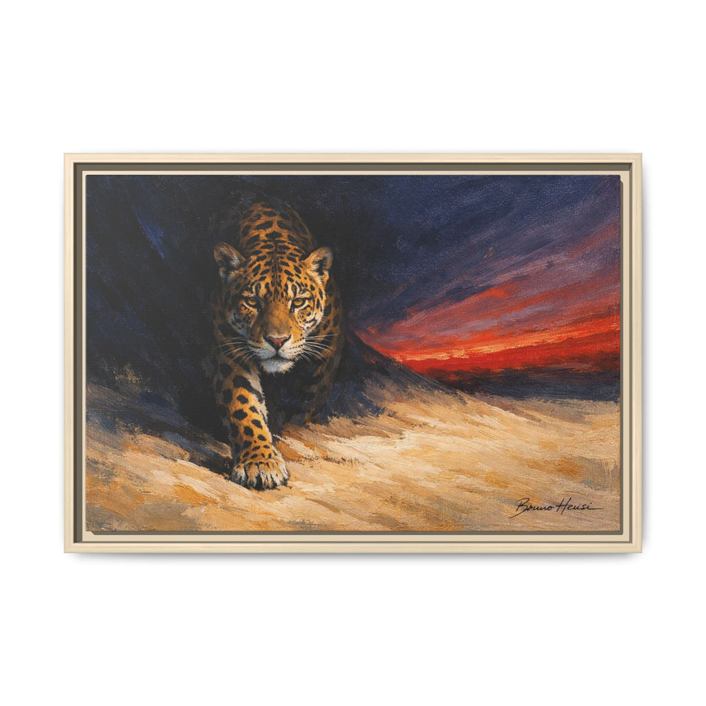 Framed Jaguar Canvas Art – Majestic Big Cat Painting with Sunset Sky