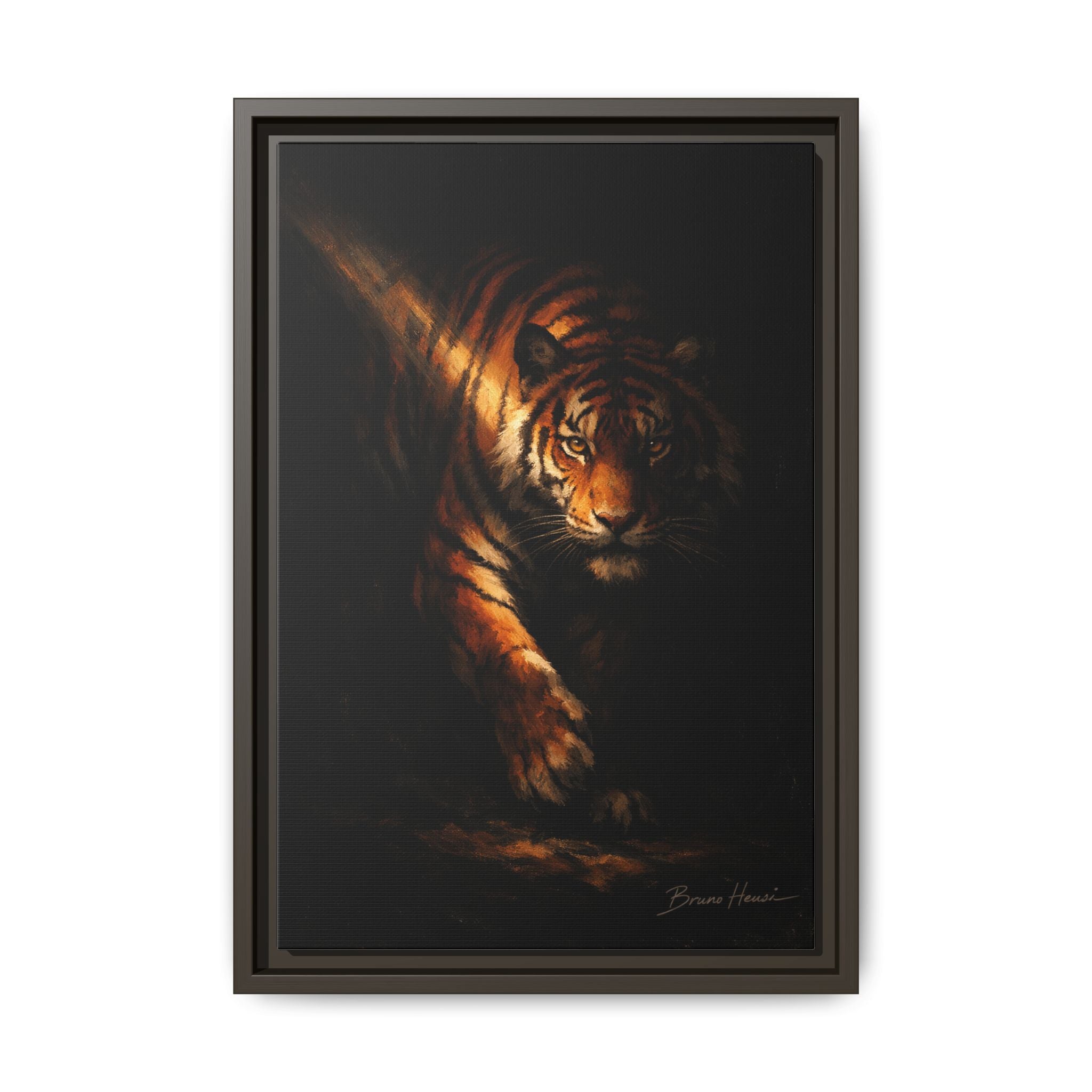Tiger in the Shadows Matte Framed Canvas Print — Dramatic Wildlife Wall Art