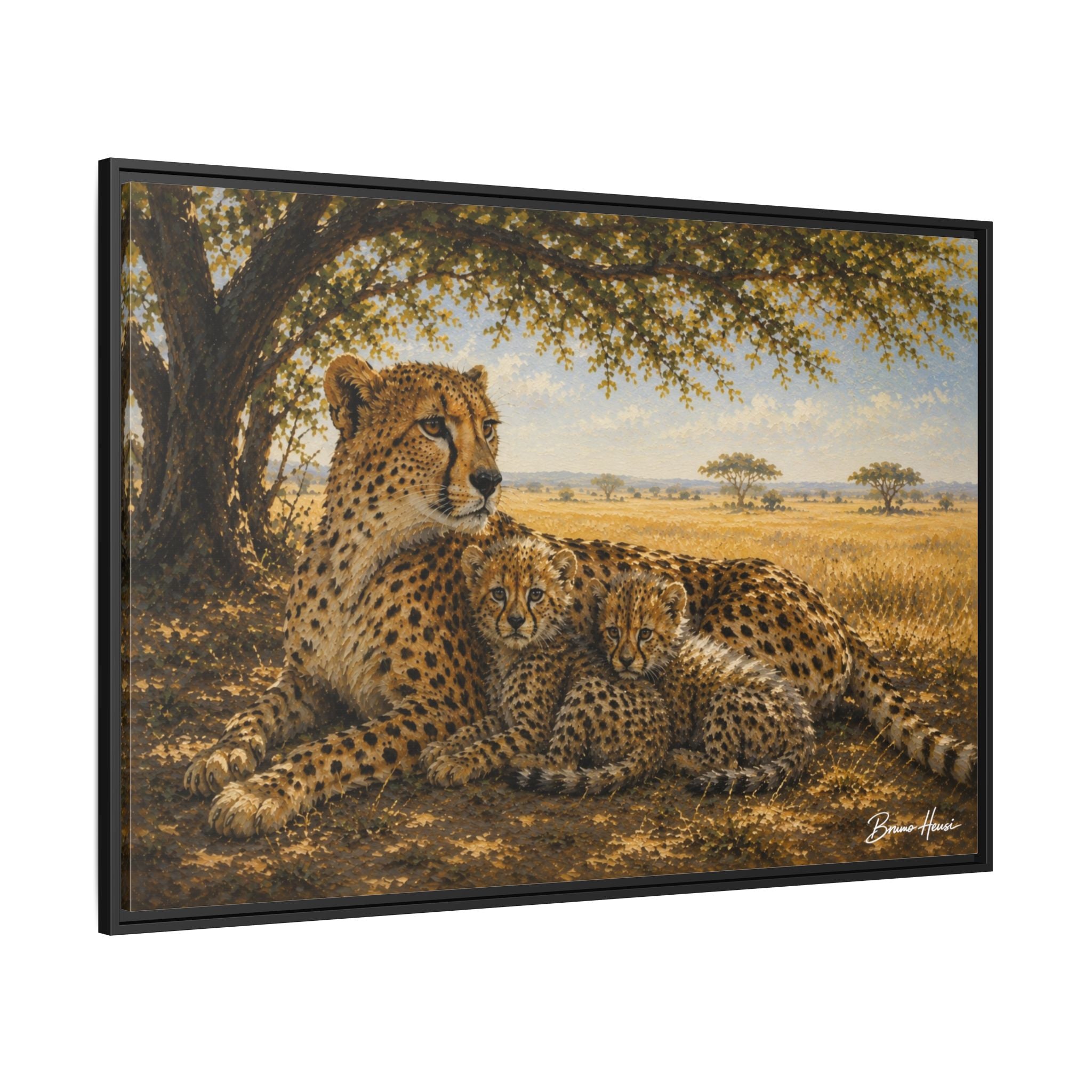 Cheetah Mother & Cubs Framed Canvas Wall Art – African Wildlife Safari Print