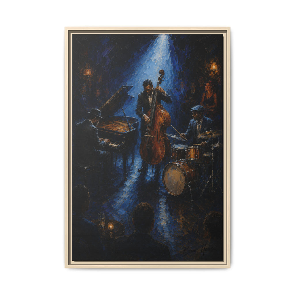 Framed Jazz Quartet Canvas Wall Art – Moody Blue Music Scene