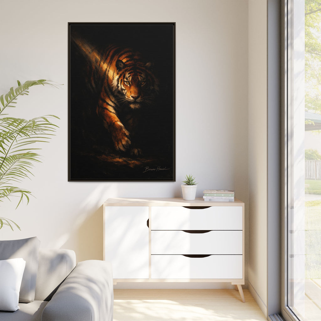 Tiger in the Shadows Matte Framed Canvas Print — Dramatic Wildlife Wall Art