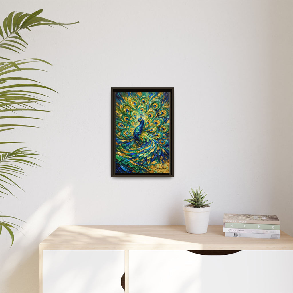 Peacock Oil-Style Framed Canvas Wall Art — Vibrant Blue & Gold Peacock Painting