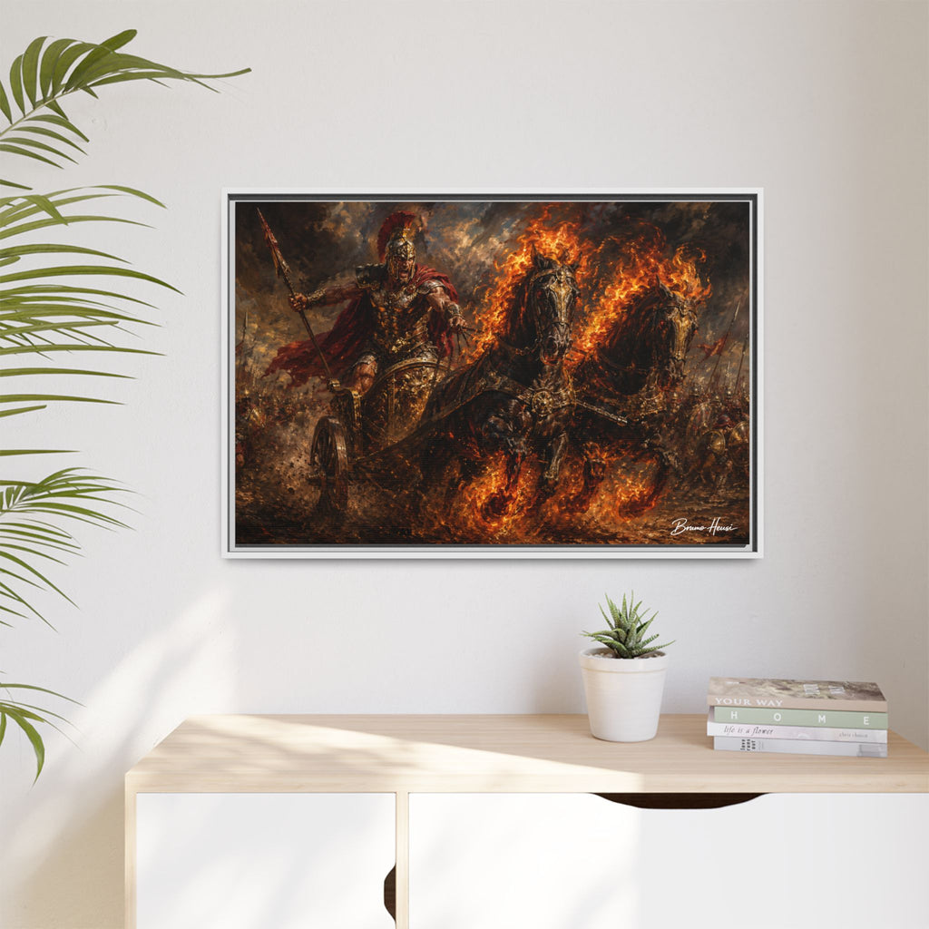 Flaming Chariot Framed Canvas Wall Art — Mythic Warrior Matte Print