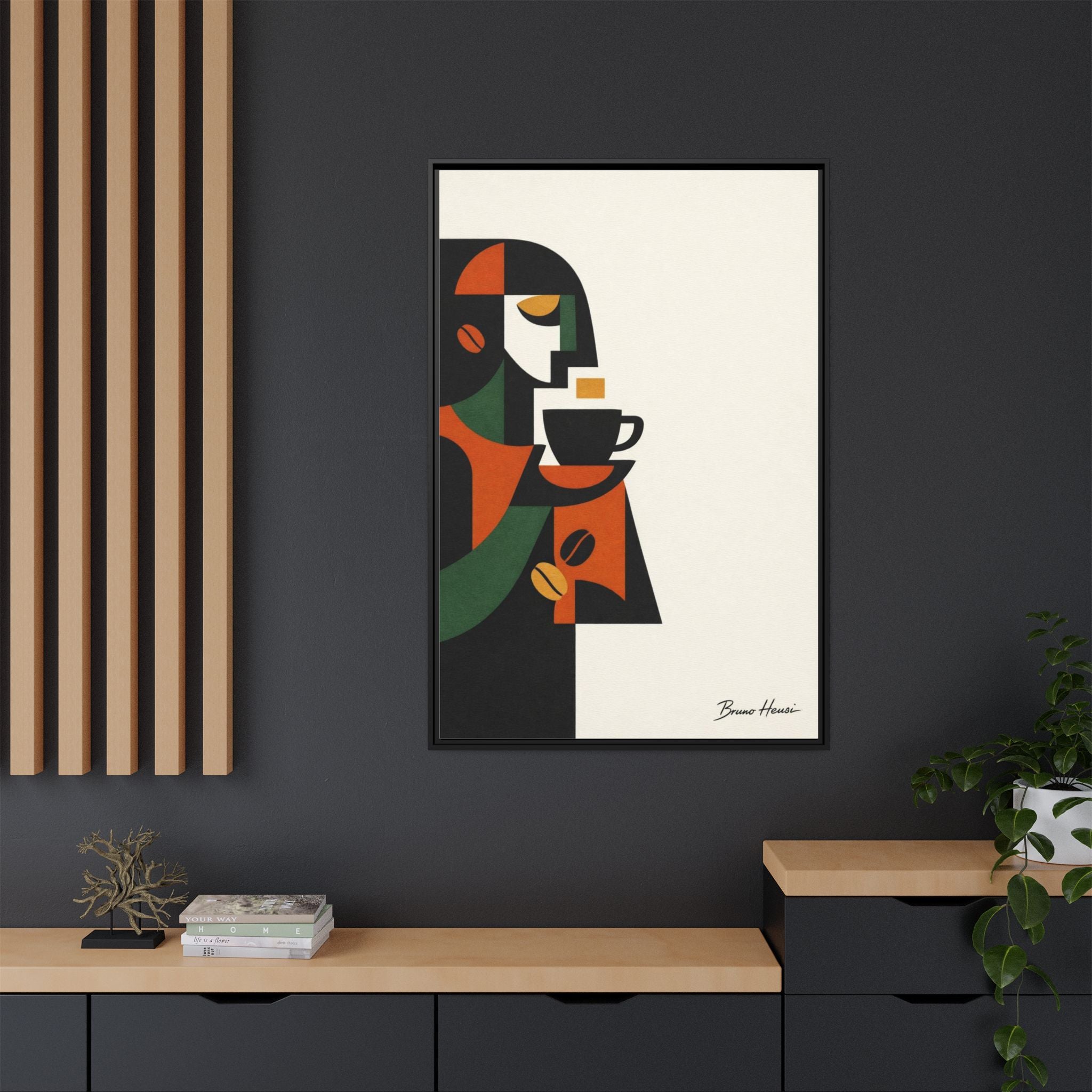 Abstract Coffee Drinker Framed Canvas Print — Modern Café Wall Art