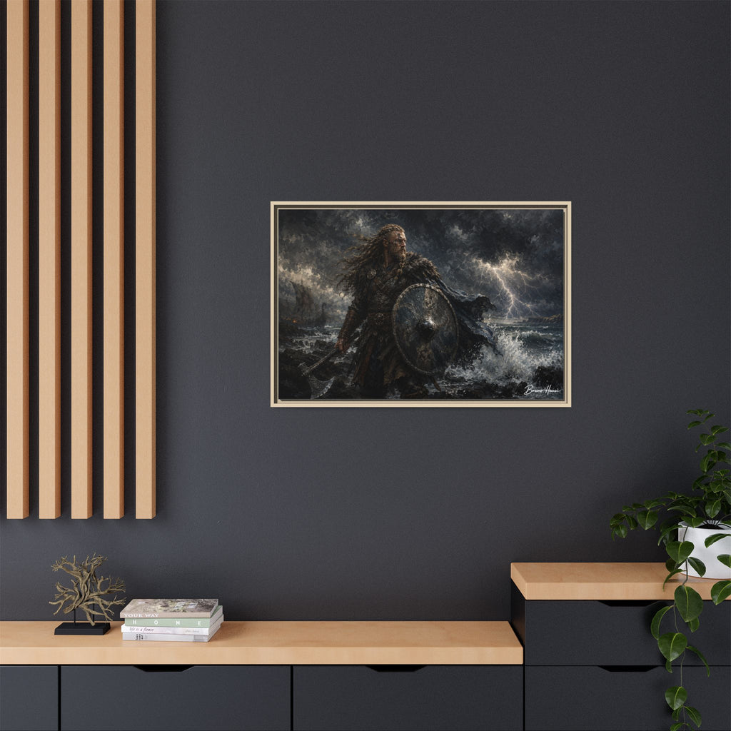 Viking Warrior Matte Framed Canvas Print — Stormy Norse Shield and Axe Wall Art