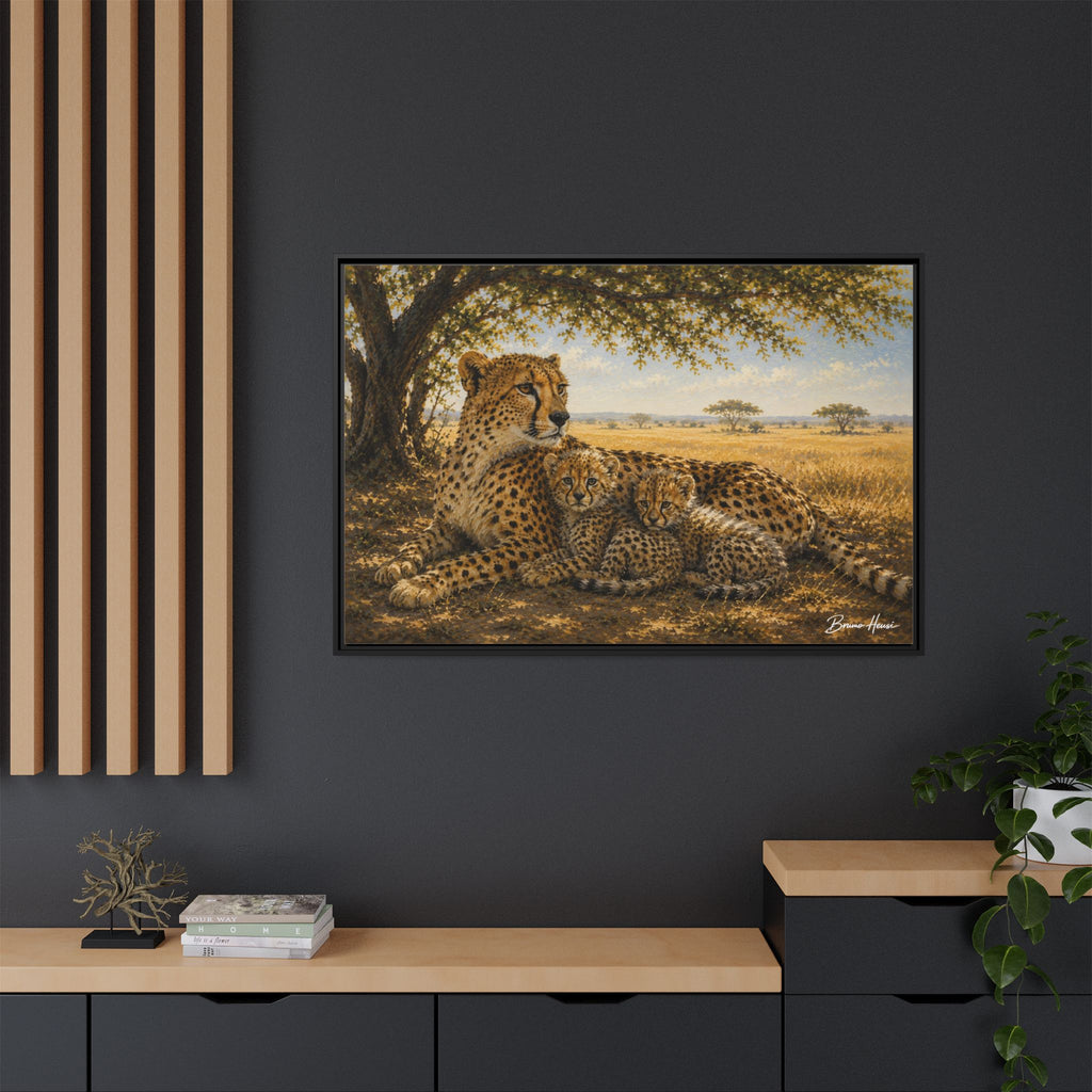 Cheetah Mother & Cubs Framed Canvas Wall Art – African Wildlife Safari Print