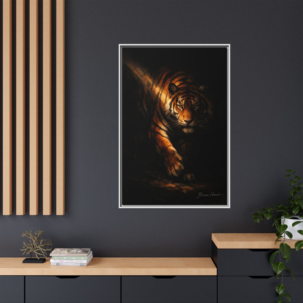 Tiger in the Shadows Matte Framed Canvas Print — Dramatic Wildlife Wall Art