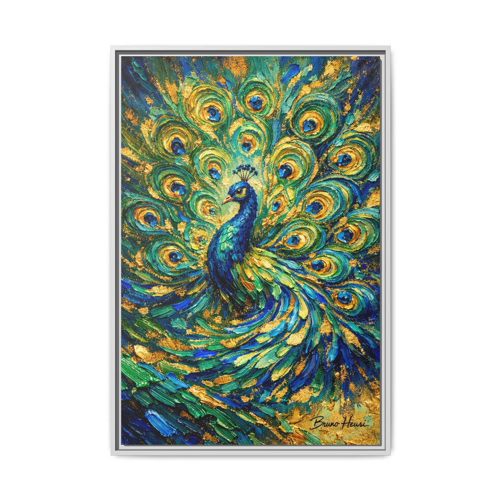 Peacock Oil-Style Framed Canvas Wall Art — Vibrant Blue & Gold Peacock Painting
