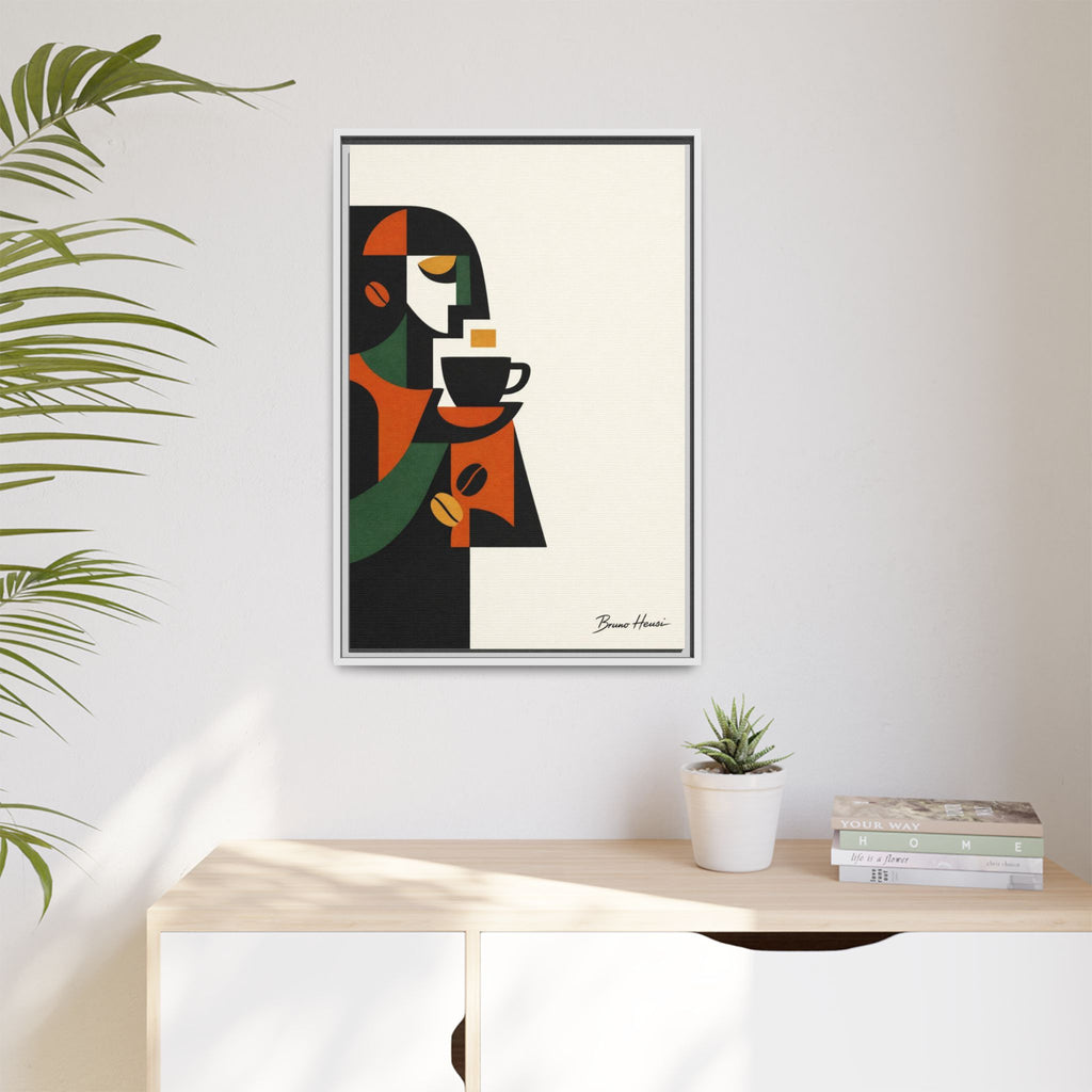Abstract Coffee Drinker Framed Canvas Print — Modern Café Wall Art