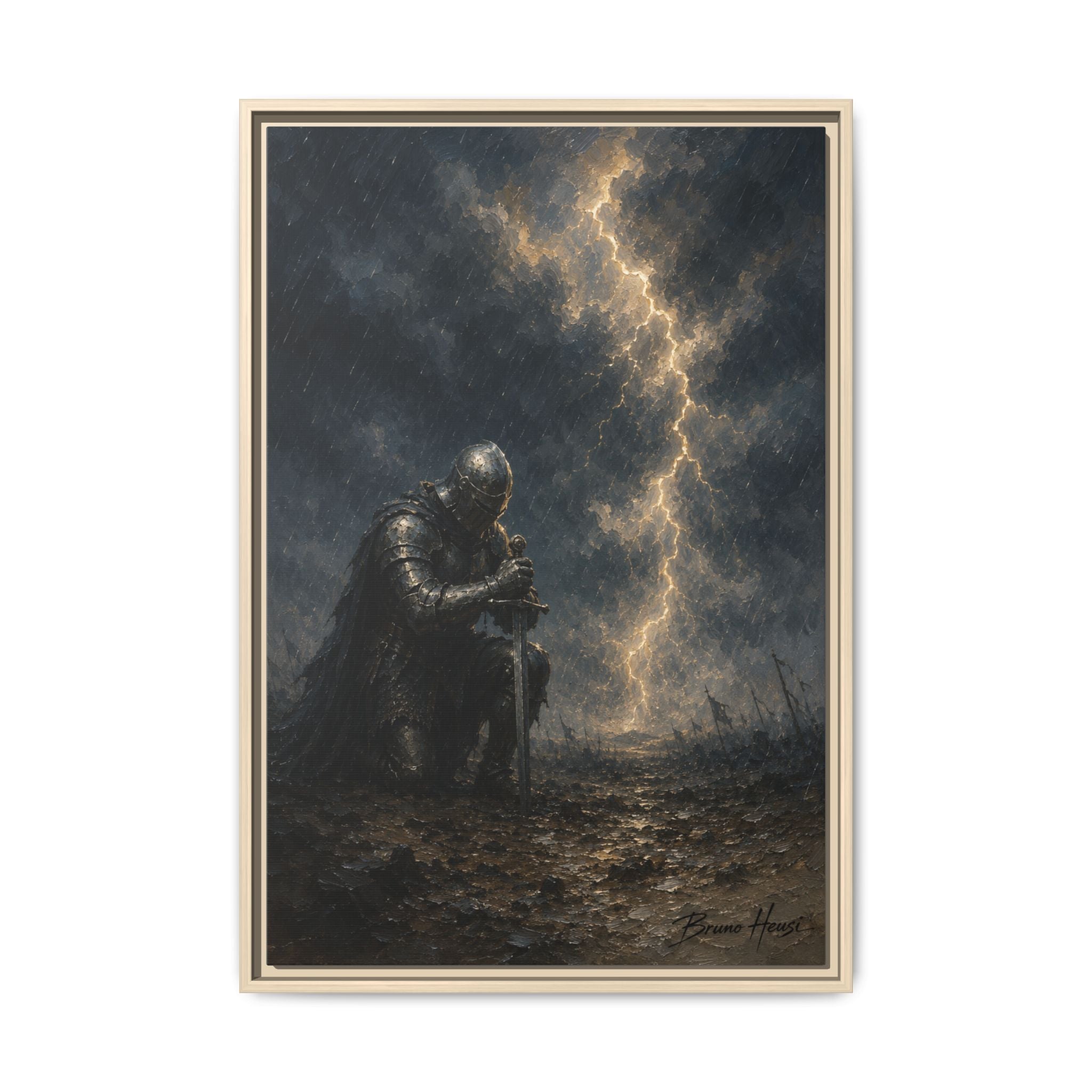 Knight in Thunderstorm Matte Framed Canvas — Dark Fantasy Wall Art