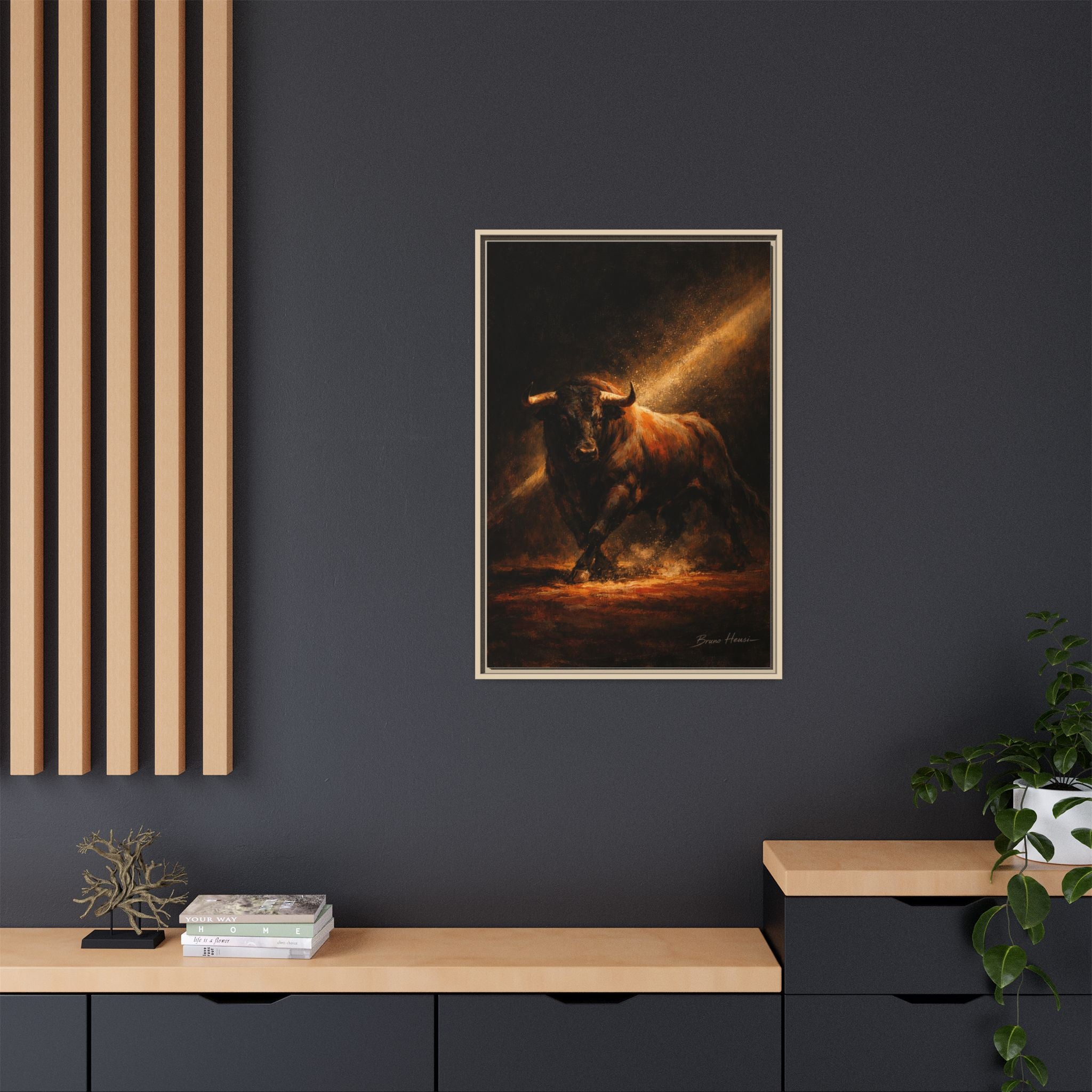 Framed Matte Canvas Art - Dramatic Charging Bull Painting